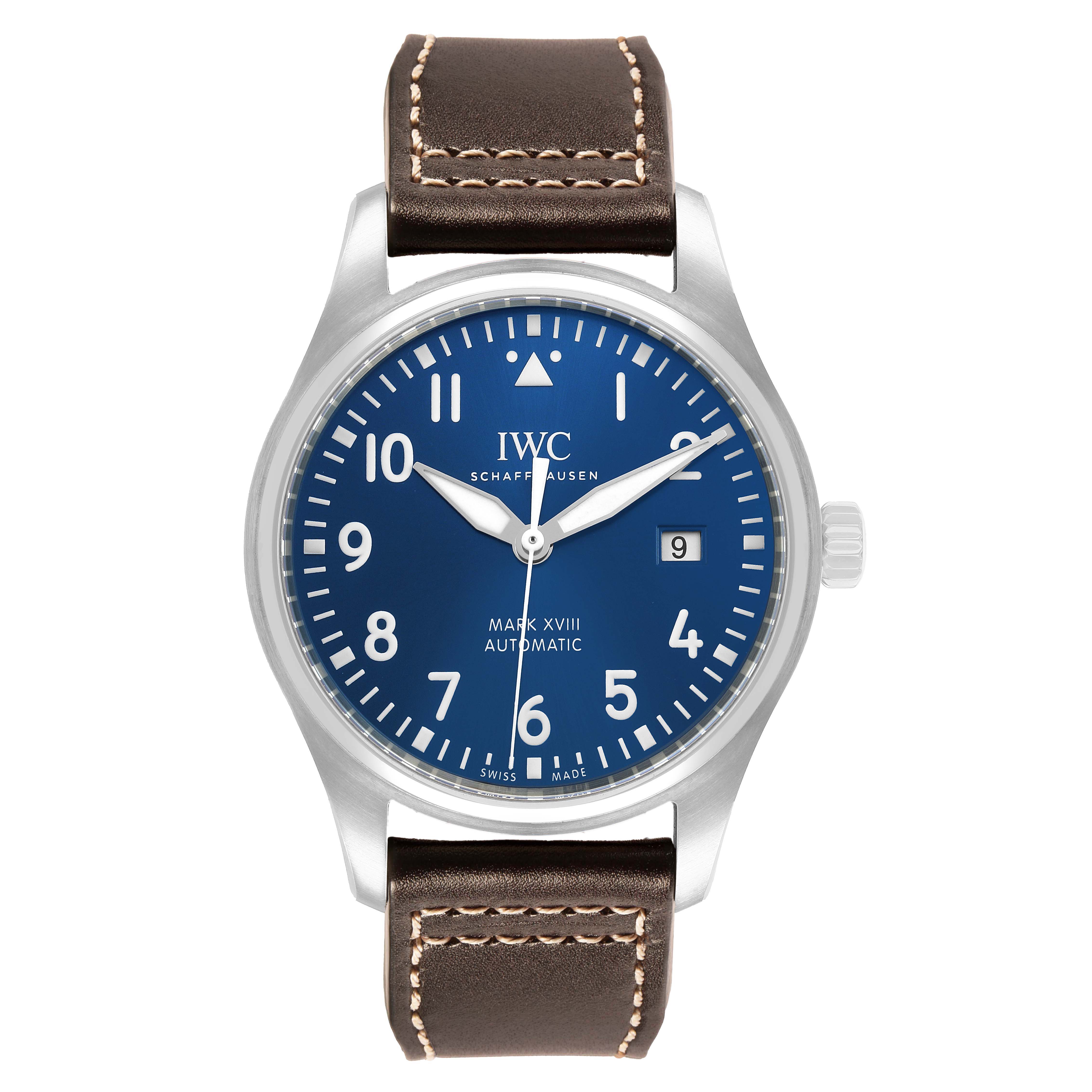 The IWC Pilot IW327010 Men's Stainless Steel Blue Dial model watch is shown from the front, displaying the face, crown, and part of the leather strap.