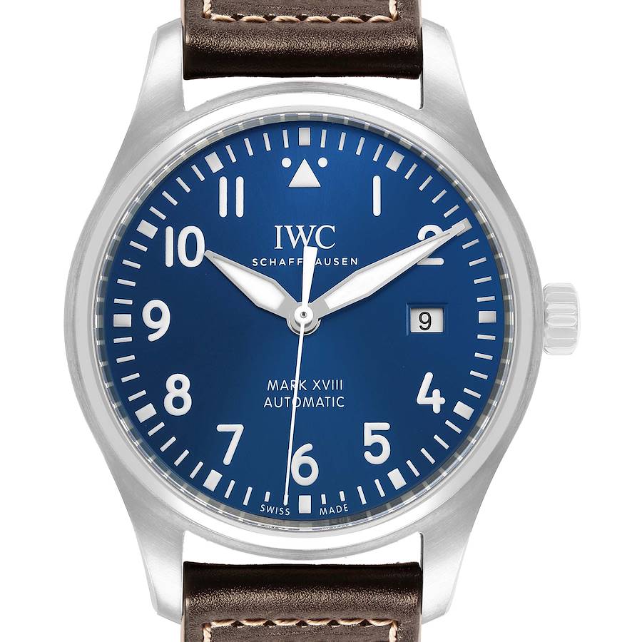 The IWC Pilot IW327010 Men's Stainless Steel Blue Dial Mark XVIII watch is shown from the front, highlighting the dial, hands, bezel, and crown.