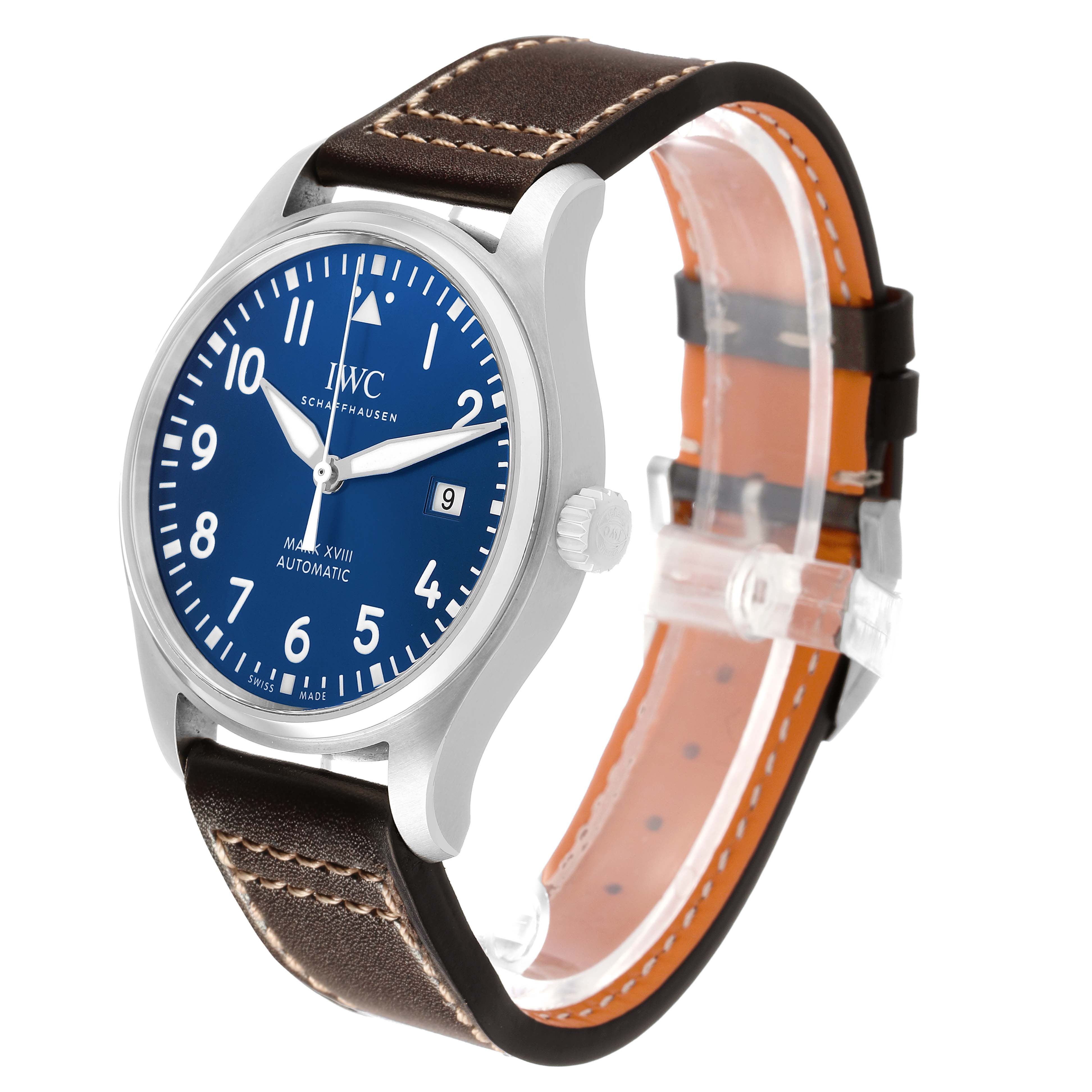 The IWC Pilot IW327010 Men's Stainless Steel Blue Dial watch is shown at a side angle, displaying the face, crown, and leather strap.