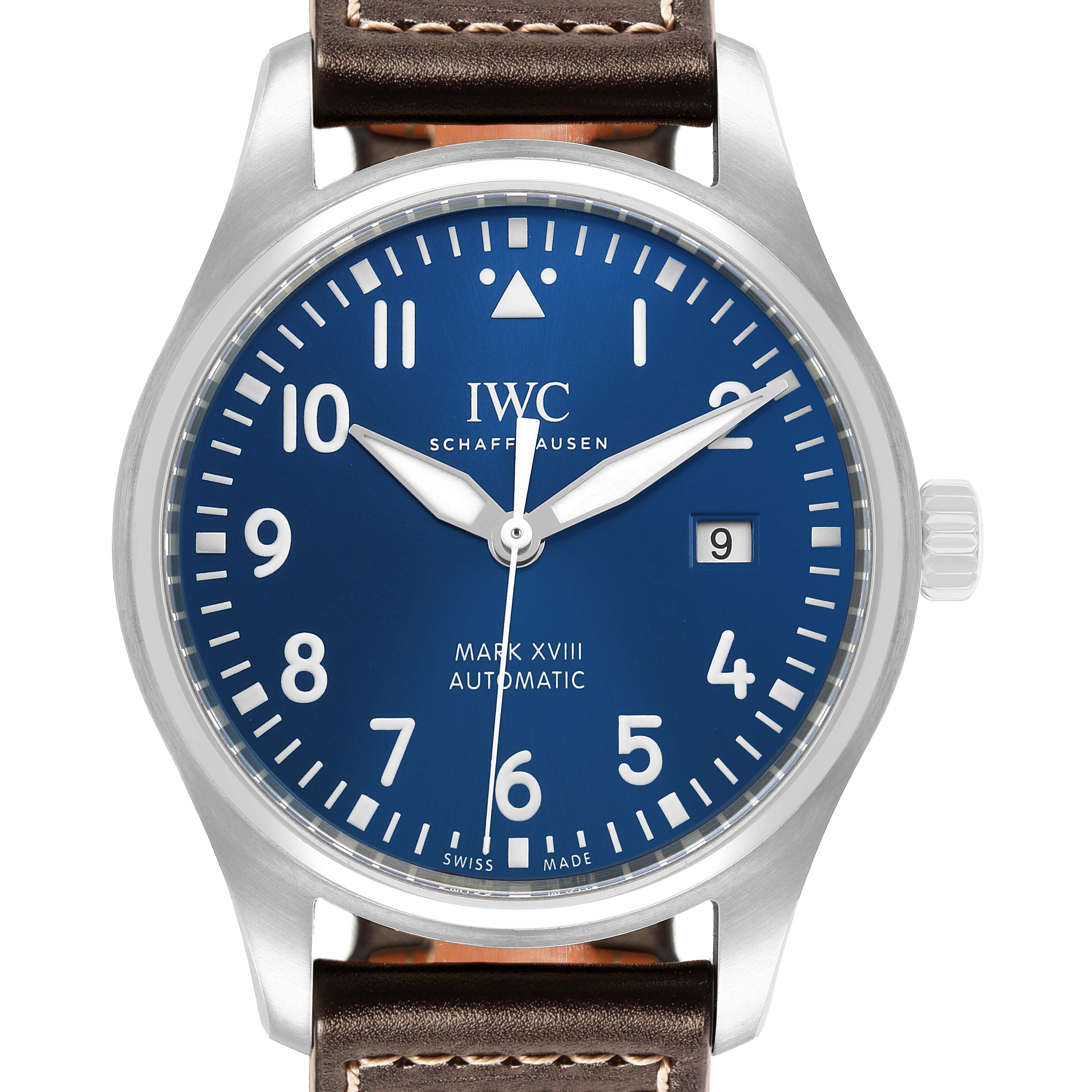 The IWC Pilot IW327010 Men's Stainless Steel Blue Dial Mark XVIII watch is shown from the front, displaying the blue dial, hands, indices, and date window.