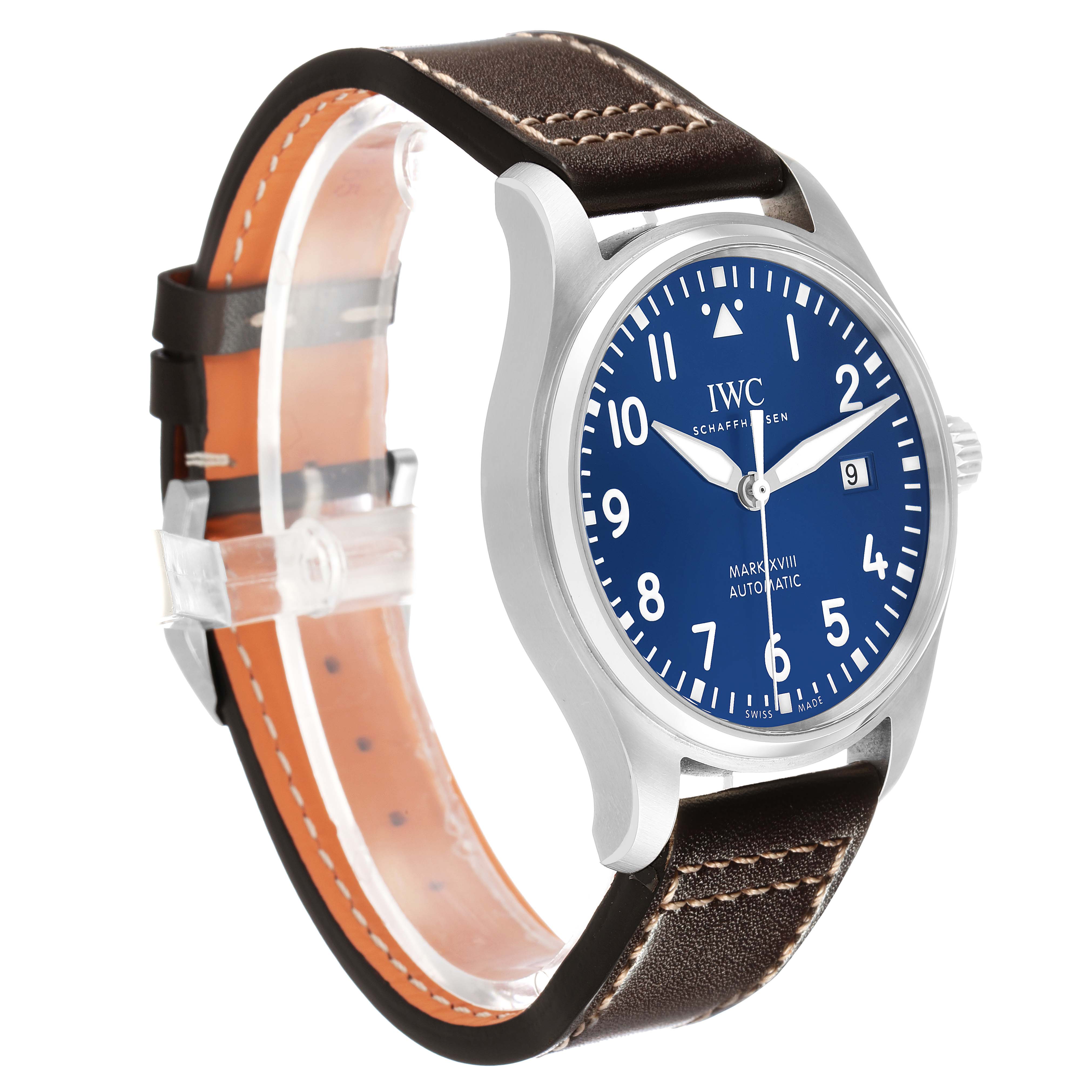 The IWC Pilot IW327010 Men's Stainless Steel Blue Dial watch is shown at an angled side view, displaying the face, bezel, crown, and brown leather strap.