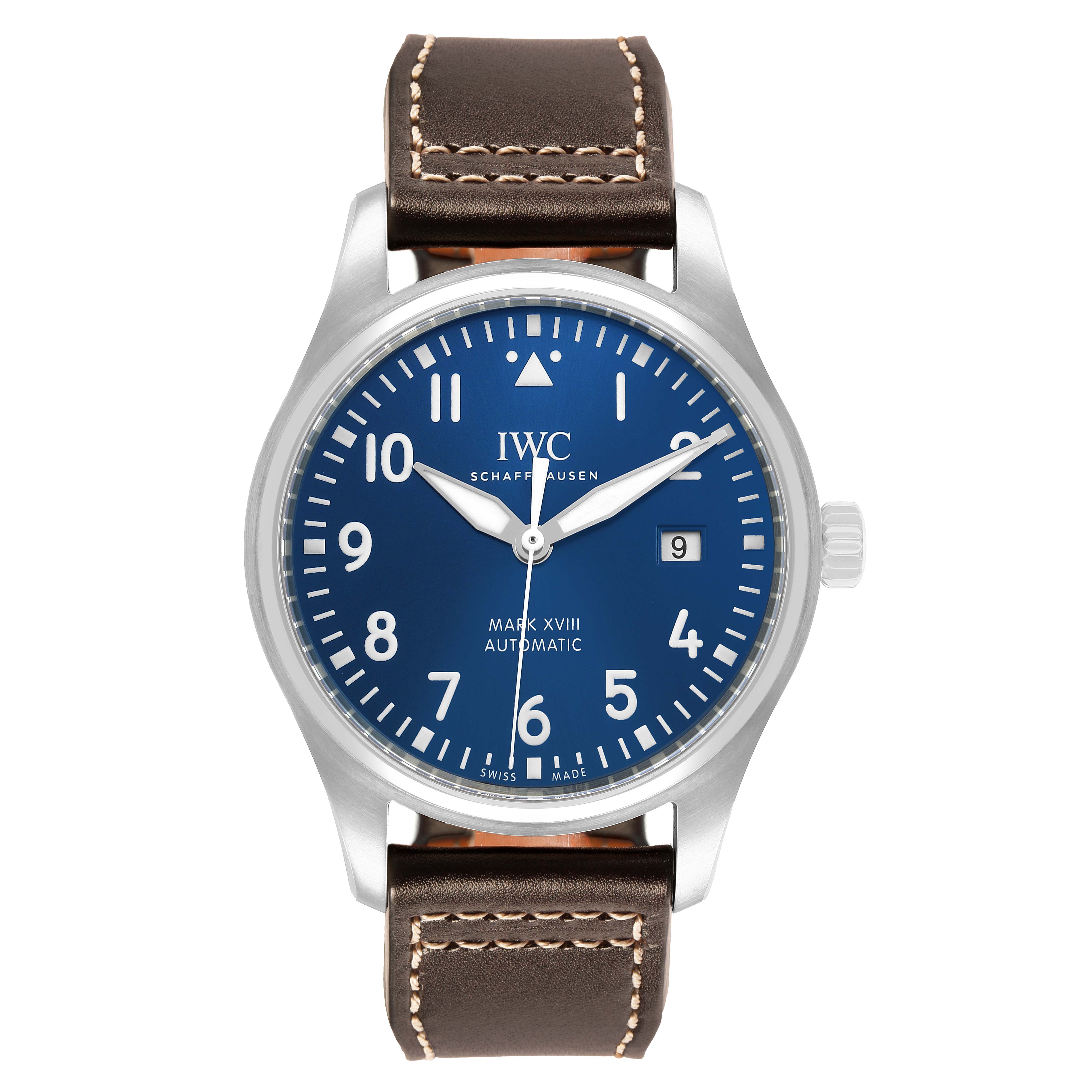 The IWC Pilot IW327010 Men's Stainless Steel Blue Dial watch model is shown from a front angle, displaying the dial, case, and leather strap.
