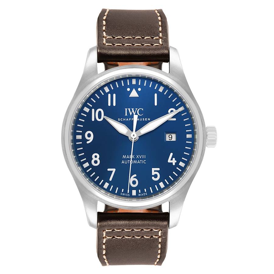 The IWC Pilot IW327010 Men's Stainless Steel Blue Dial watch model is shown from a front angle, displaying the dial, case, and leather strap.