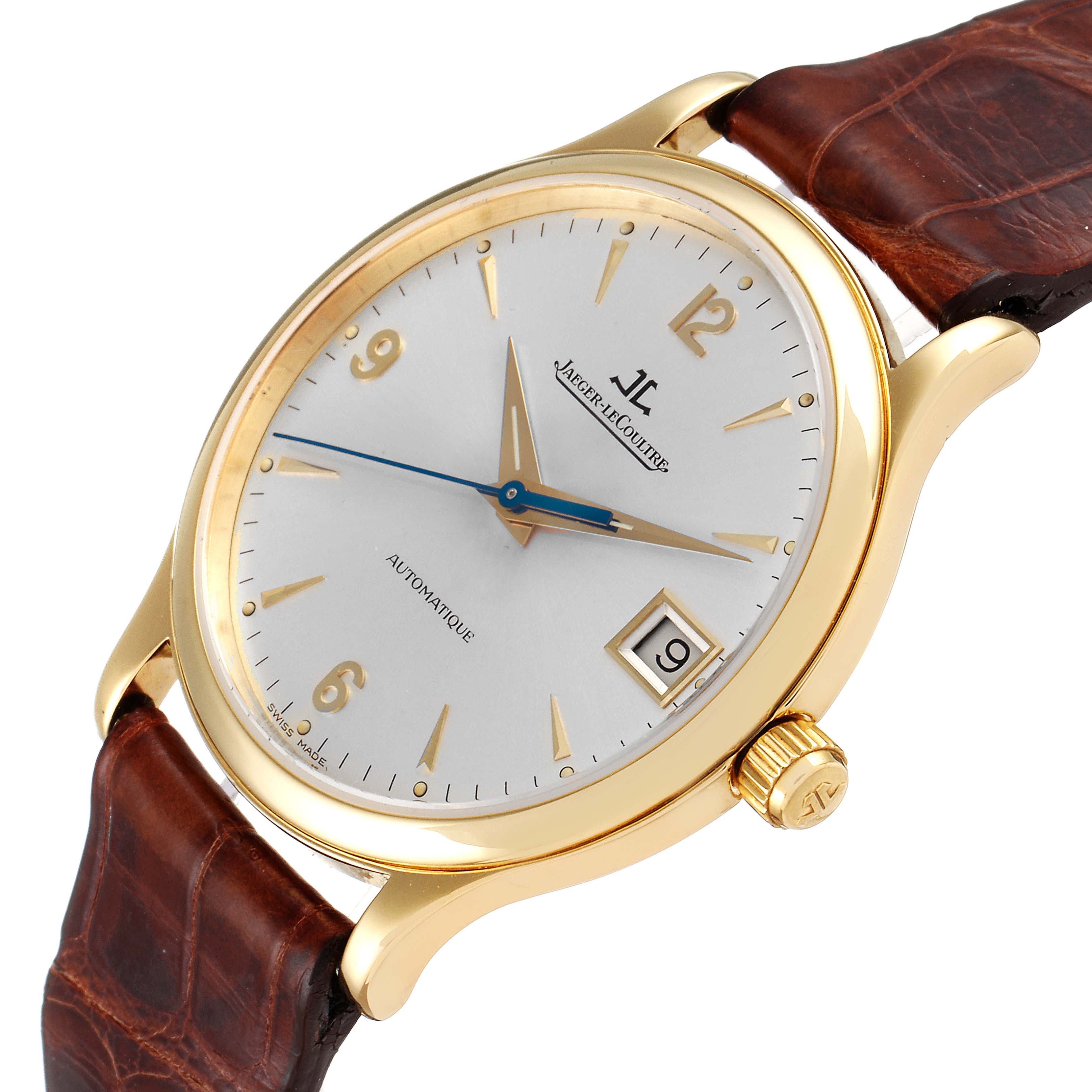 The Jaeger LeCoultre Master 145.1.89 Men's Yellow Gold Silver Dial 145.1.89 Men's Yellow Gold Silver Dial model watch is shown from a close-up angled view, displaying the dial, crown, and leather strap.