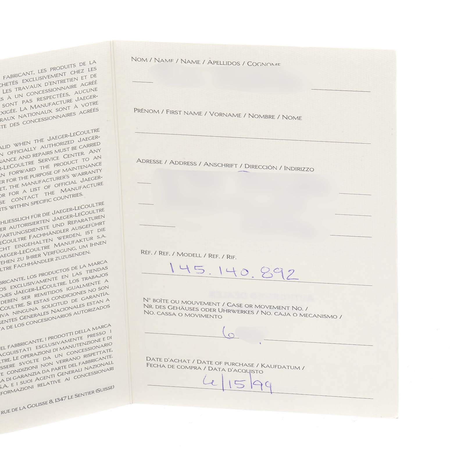 The image shows a warranty booklet for a Jaeger-LeCoultre Master model watch, displaying reference numbers and purchase information.