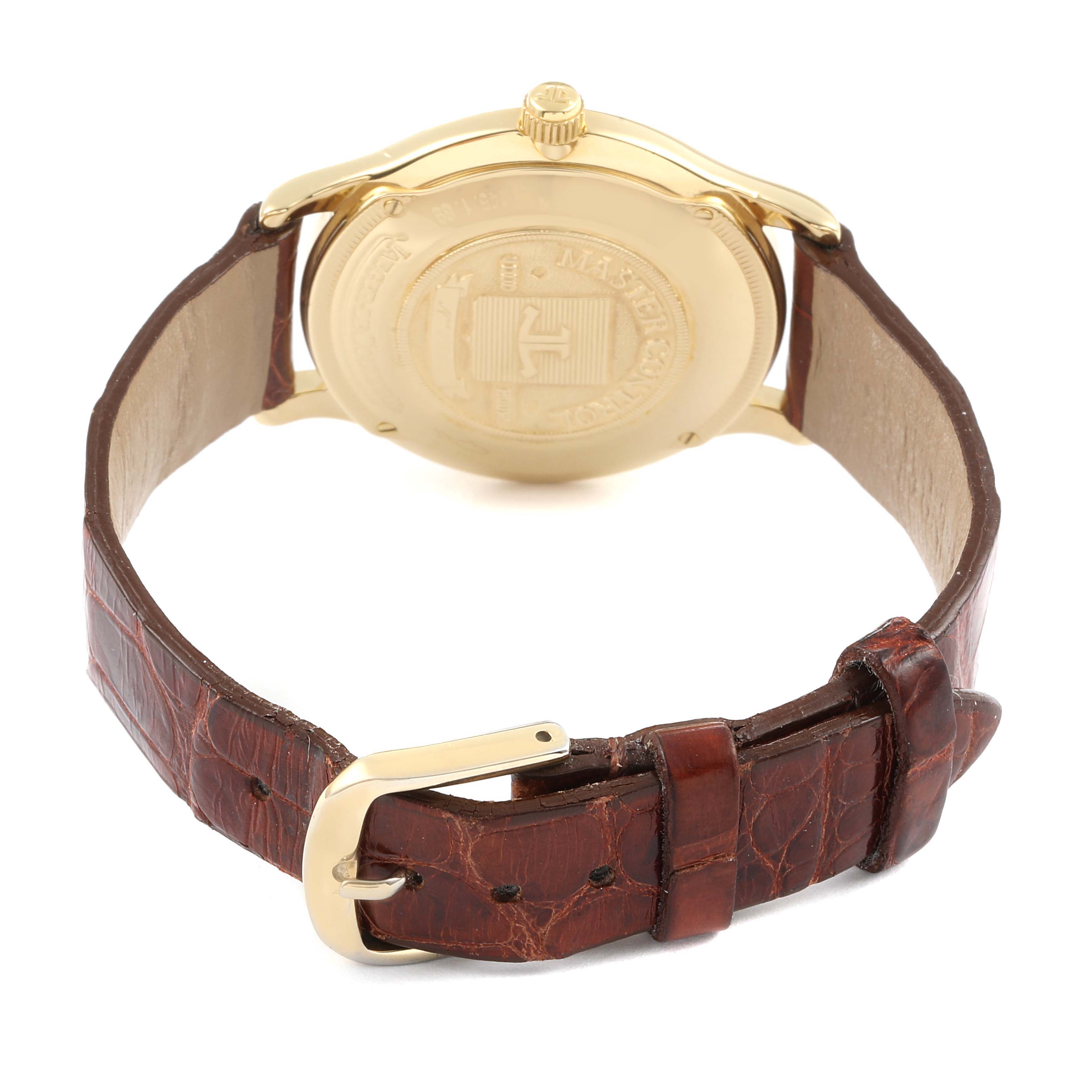 This Jaeger-LeCoultre Master model watch is shown from the back, highlighting the case back and leather strap with buckle.