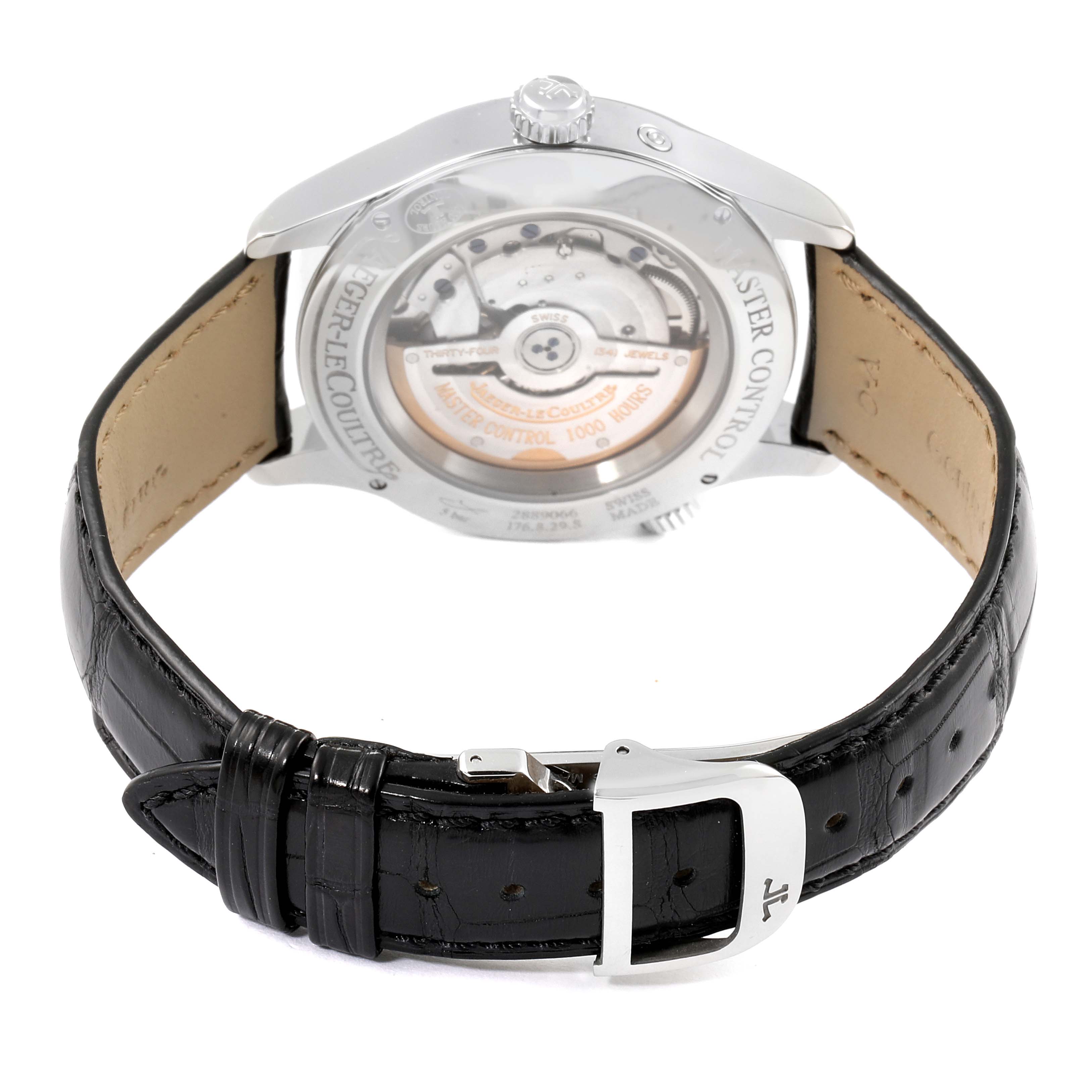 The image shows the back view of the Jaeger LeCoultre Master Q1428421 Men's Stainless Steel Silver Dial Q1428421 Men's Stainless Steel Silver Dial watch, highlighting the movement and the black leather strap.