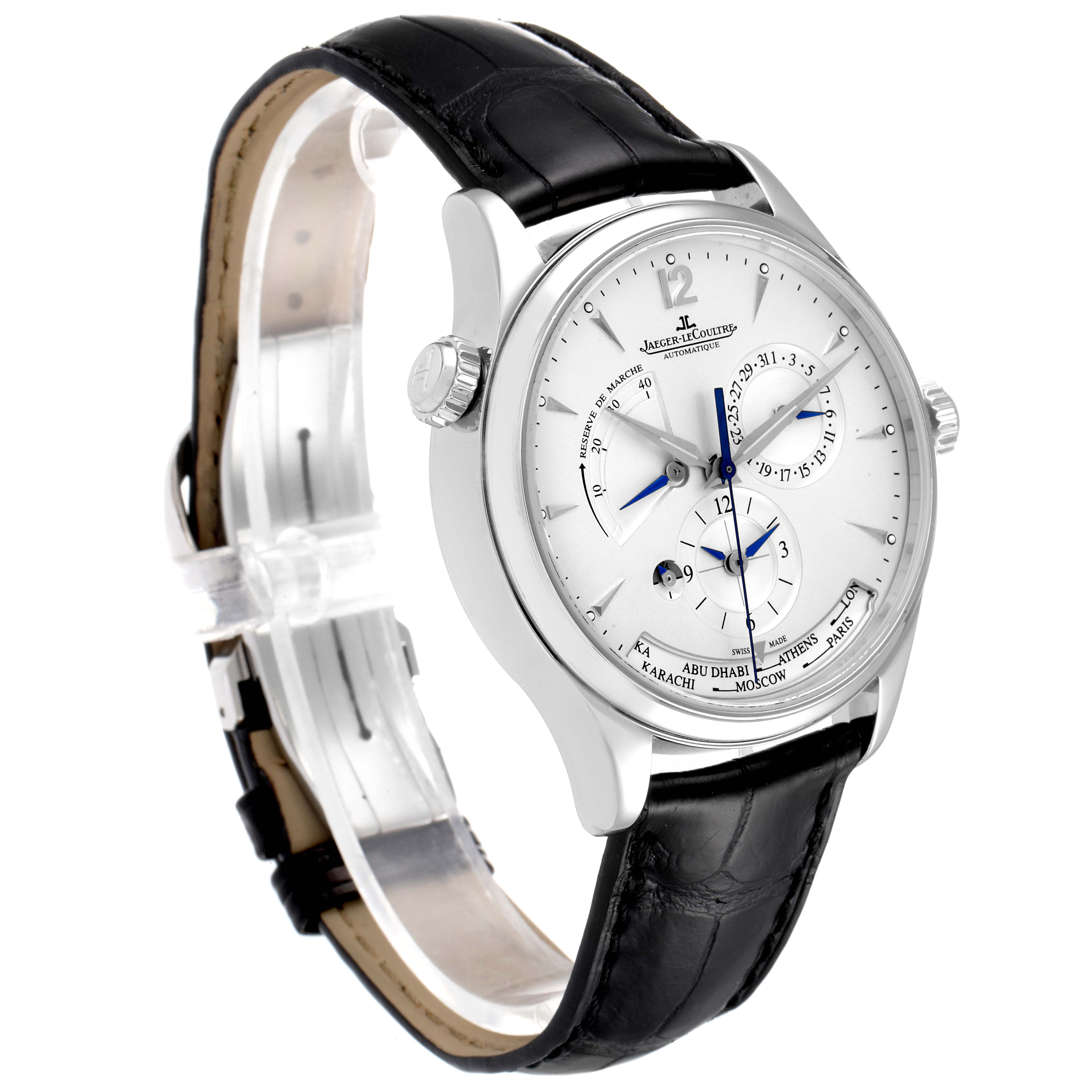 The image shows a Jaeger LeCoultre Master Q1428421 Men's Stainless Steel Silver Dial Q1428421 Men's Stainless Steel Silver Dial model watch at an angled, side view, displaying its face, dial, and black leather strap.