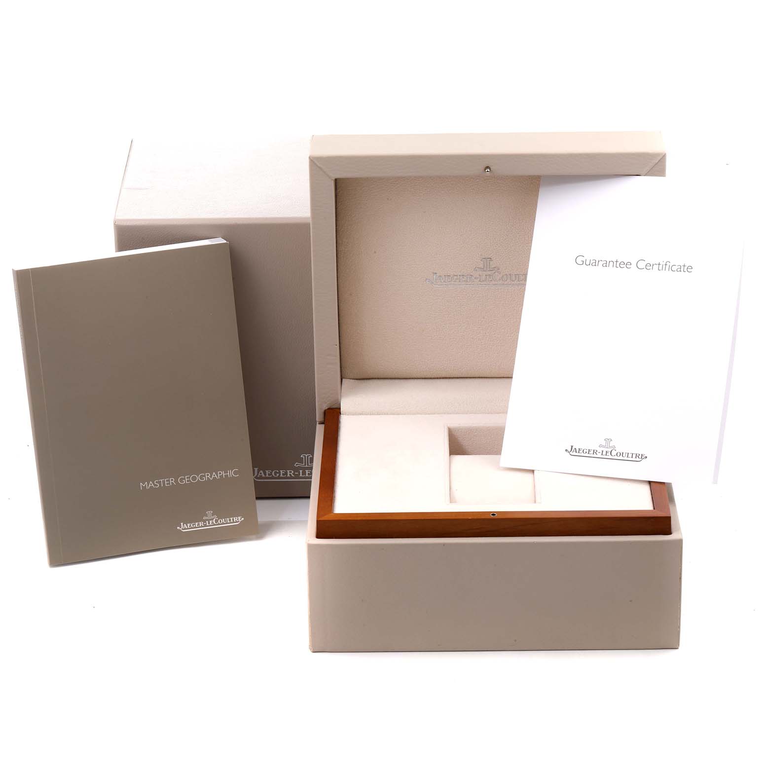 The image shows the packaging, booklet, and guarantee certificate for the Jaeger LeCoultre Master Q1428421 Men's Stainless Steel Silver Dial Q1428421 Men's Stainless Steel Silver Dial Geographic watch.