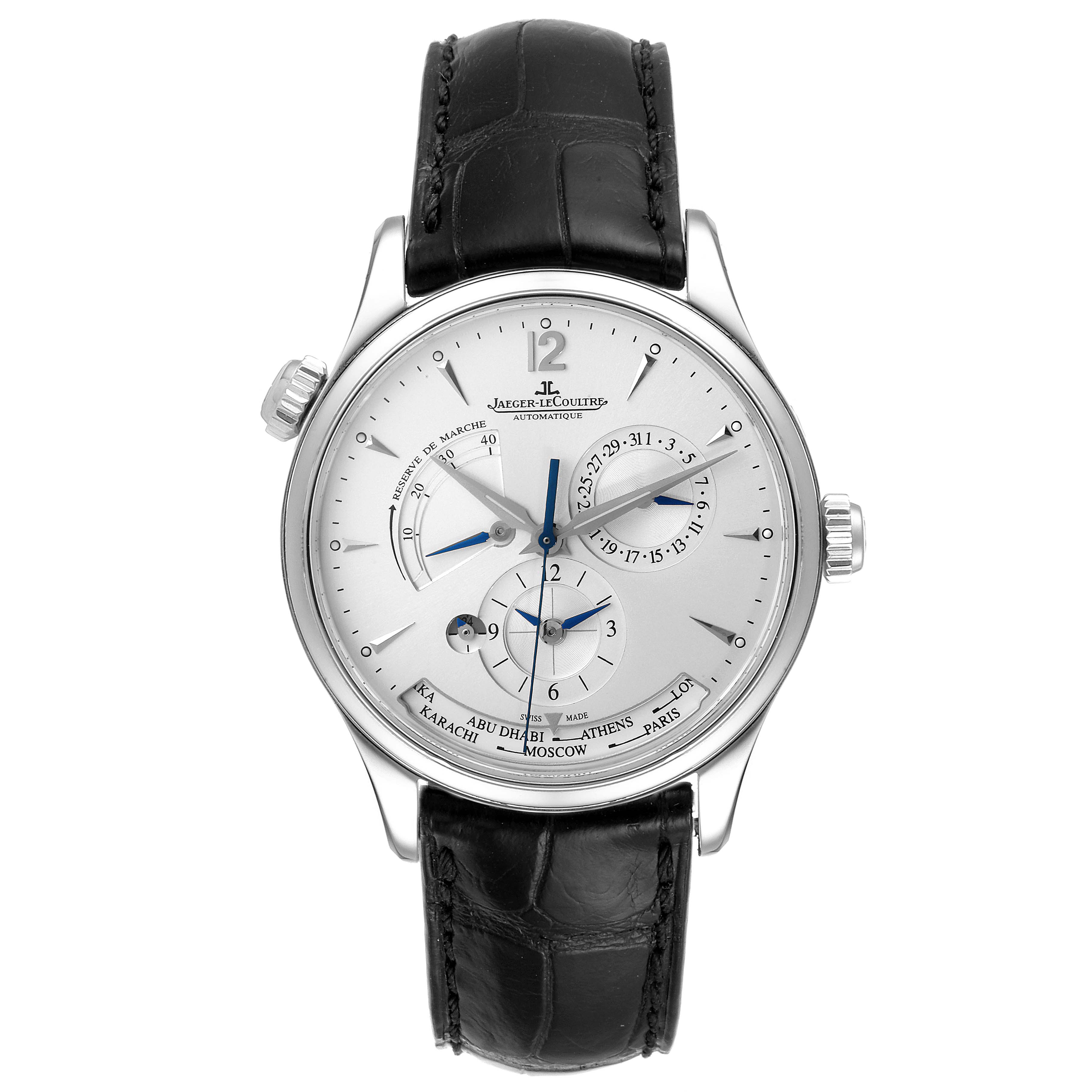 The image shows a front view of the Jaeger-LeCoultre Master model watch, featuring its dial, crown, and black leather strap.