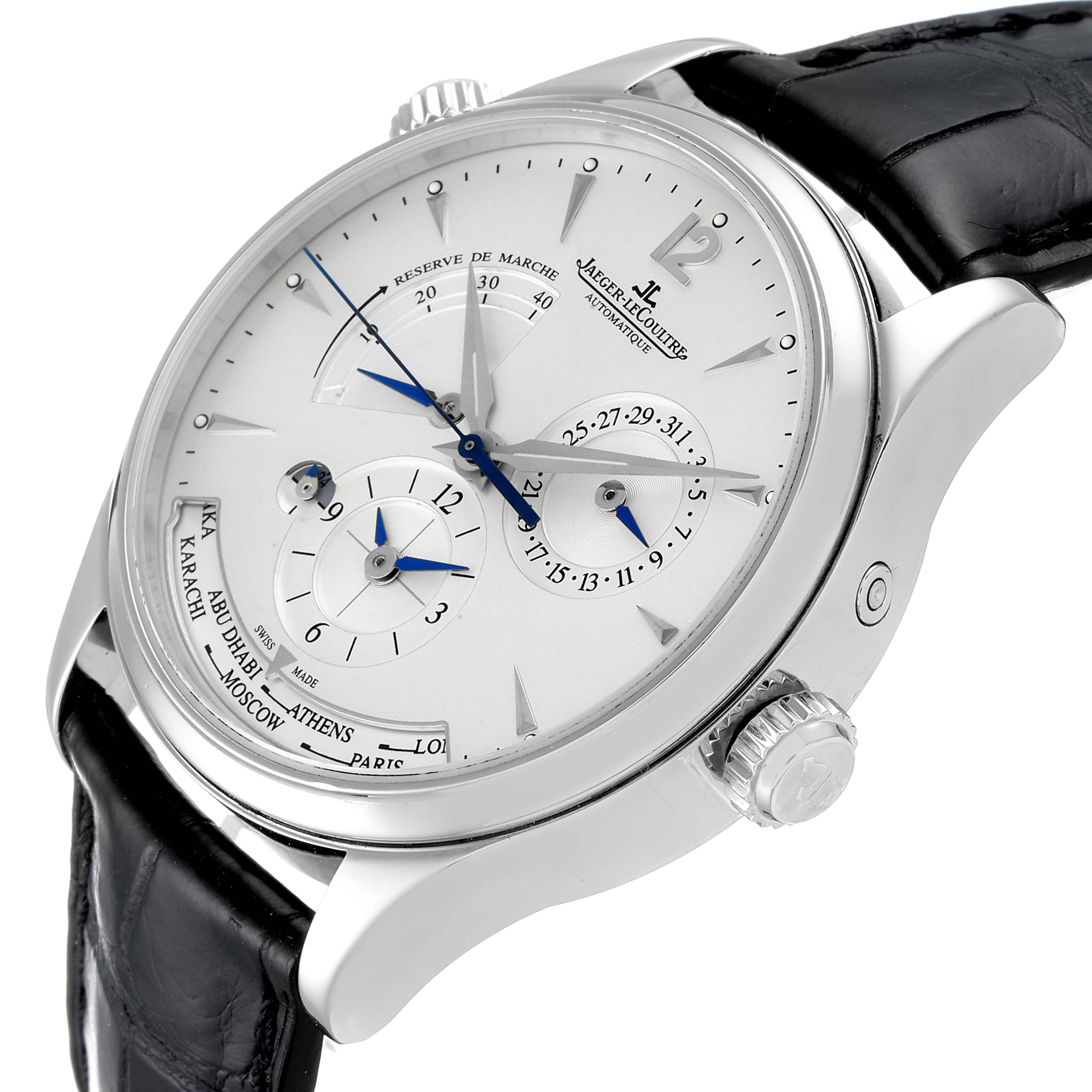 The image shows a close-up angle of a Jaeger LeCoultre Master Q1428421 Men's Stainless Steel Silver Dial Q1428421 Men's Stainless Steel Silver Dial model watch, highlighting the dial, crown, and part of the leather strap.