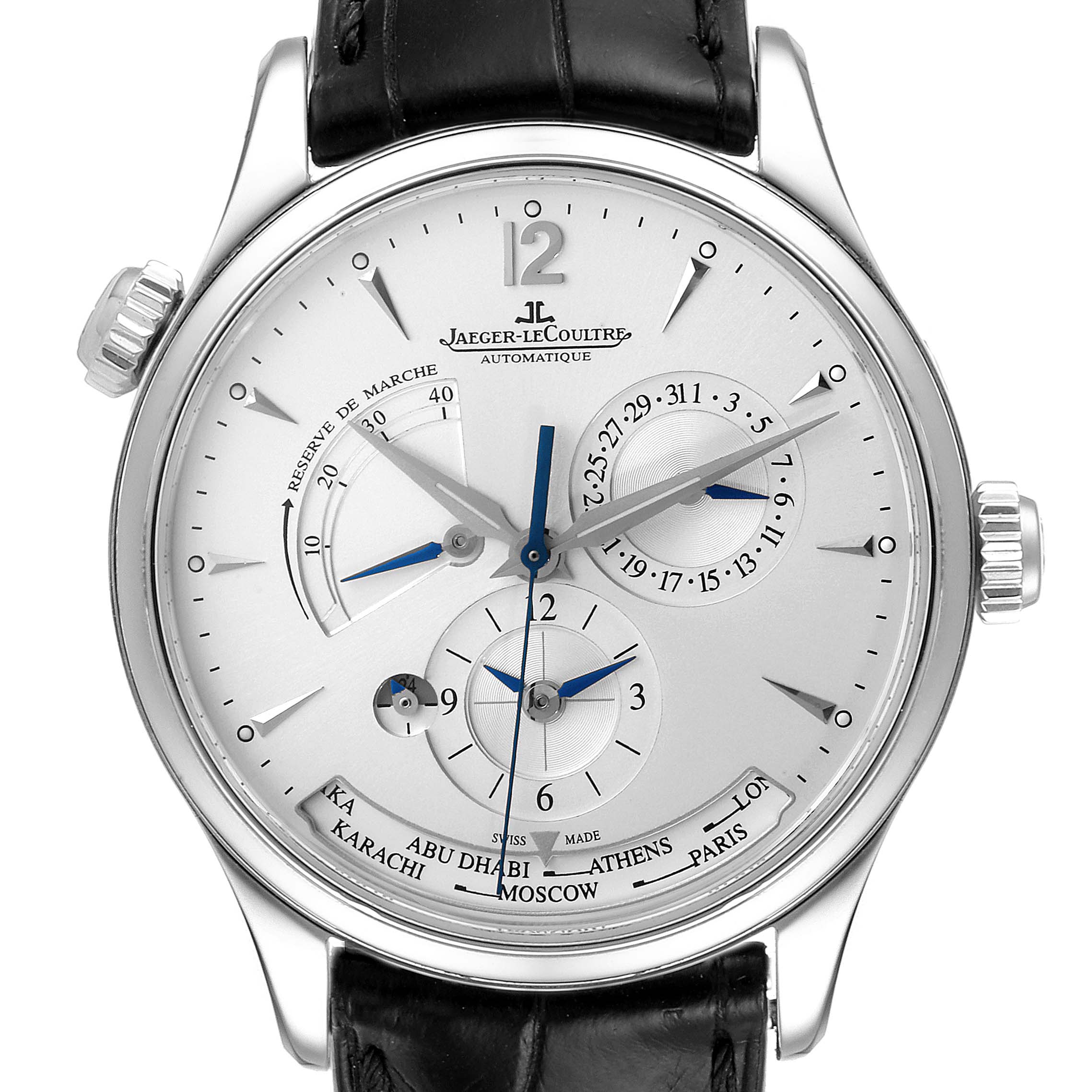 The Jaeger-LeCoultre Master model watch is shown from the front, highlighting the main dial, subdials, and leather strap.