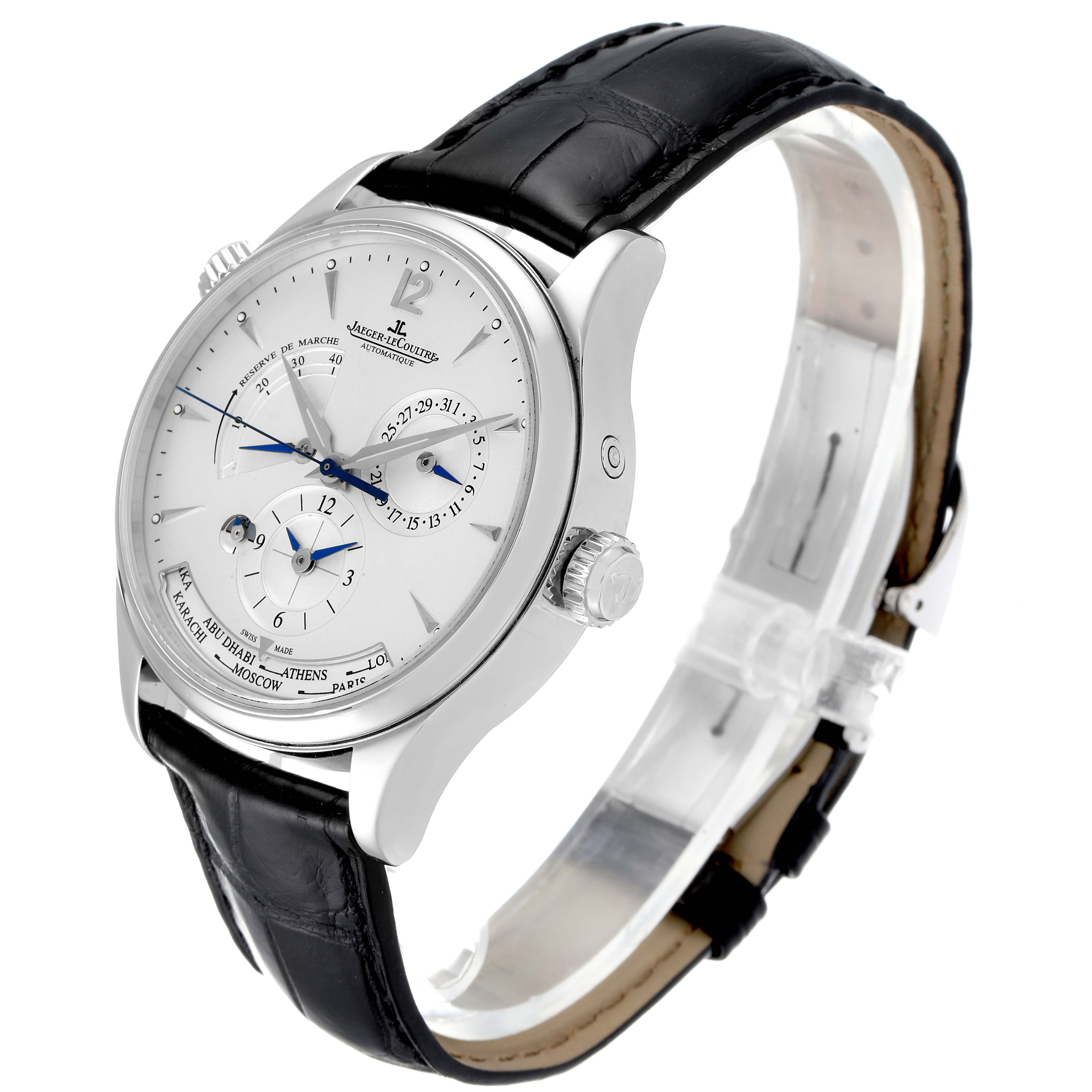 The image shows a Jaeger-LeCoultre Master model watch from an angled view, highlighting its face, crown, and leather strap.