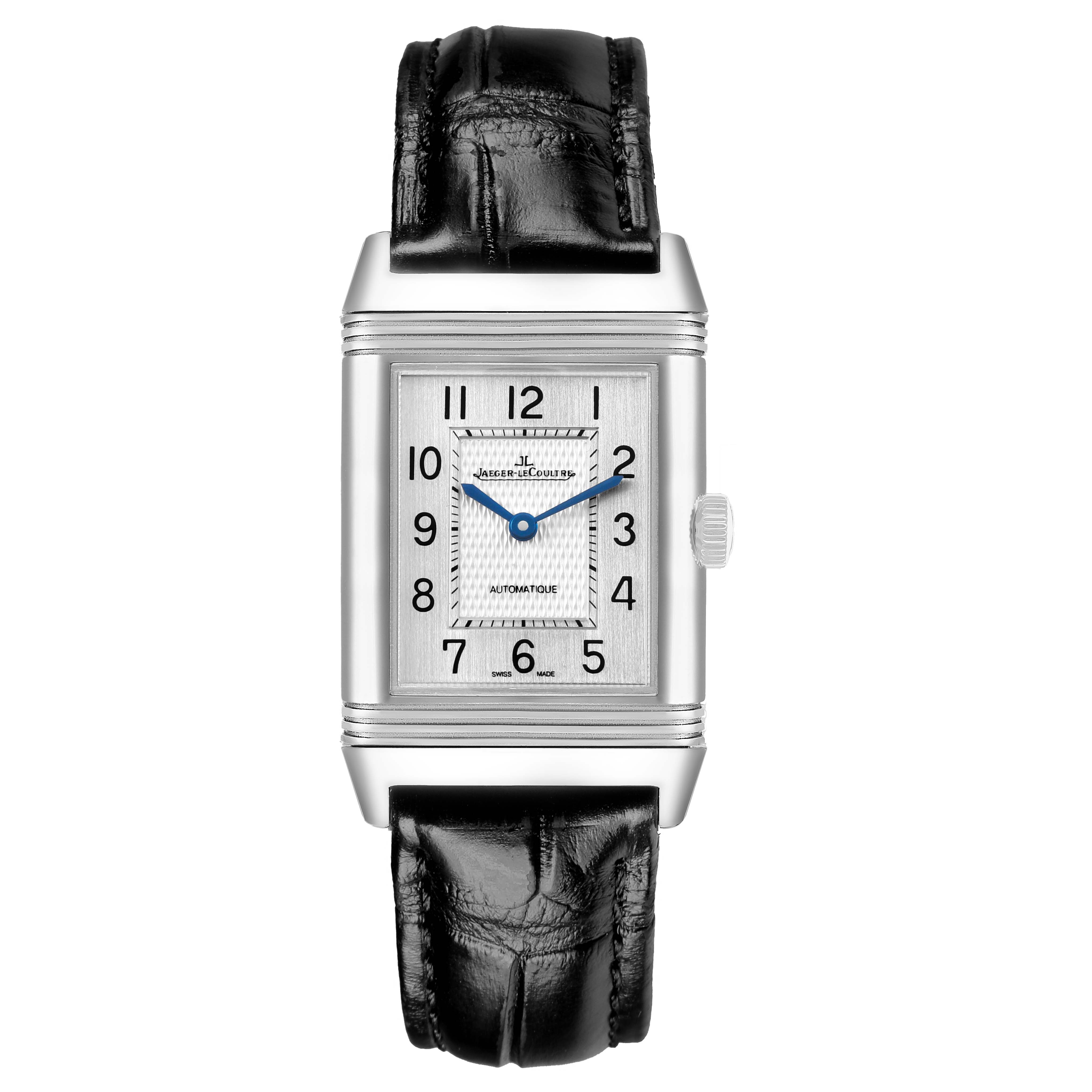 The Jaeger-LeCoultre Reverso watch is shown from the front, displaying the face, case, and black leather strap.