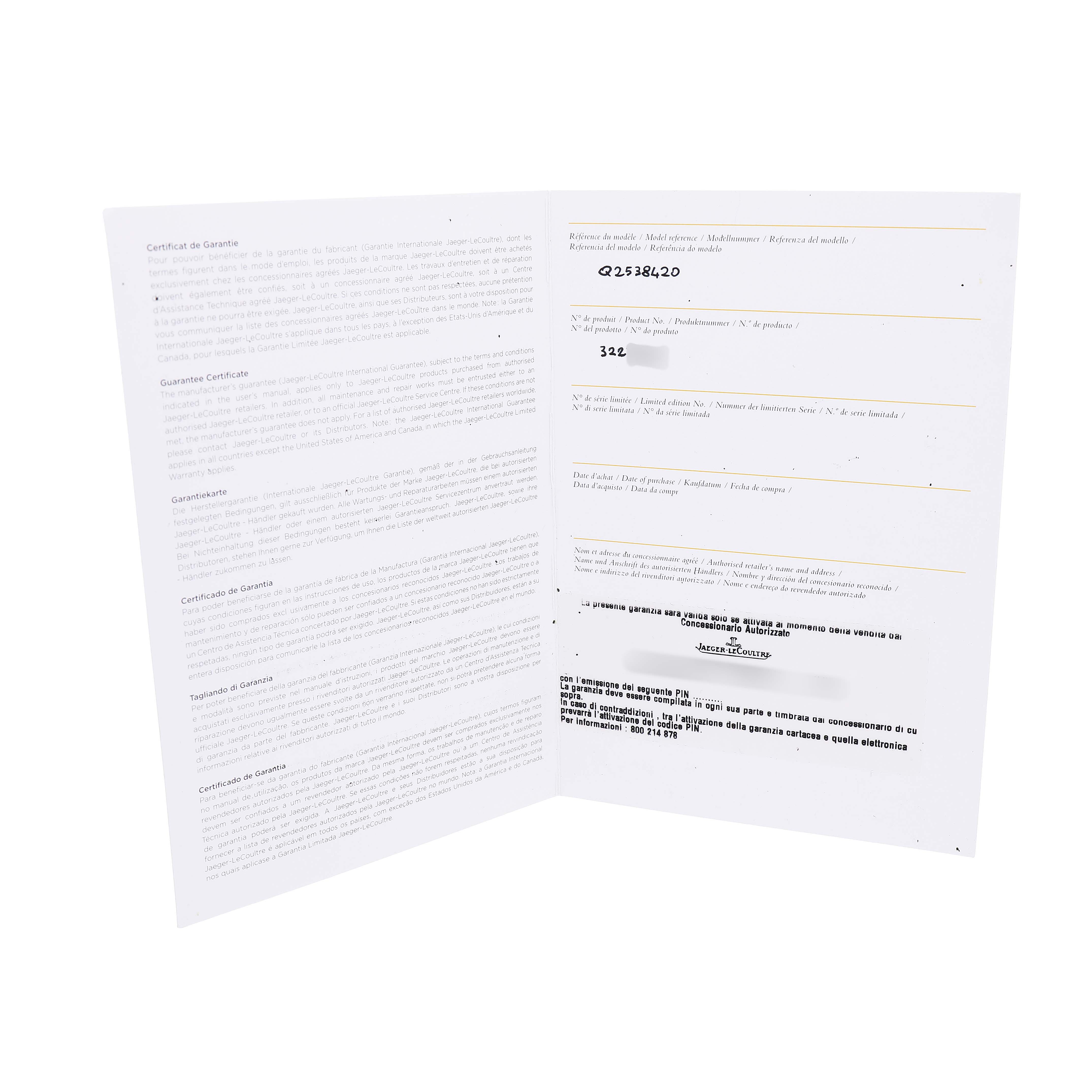 The image shows a warranty booklet for the Jaeger LeCoultre Reverso Q2538420 Men's Stainless Steel Silver Dial model, opened to display text and fields.