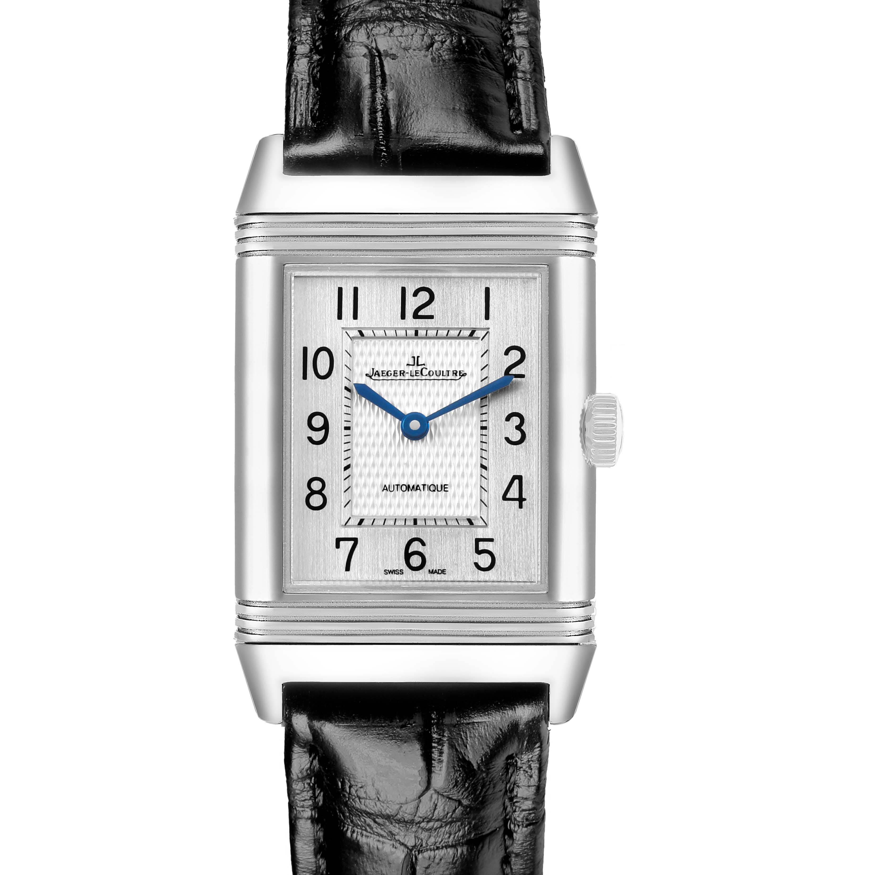 The Jaeger-LeCoultre Reverso watch is shown from the front, displaying the dial, case, and crown.