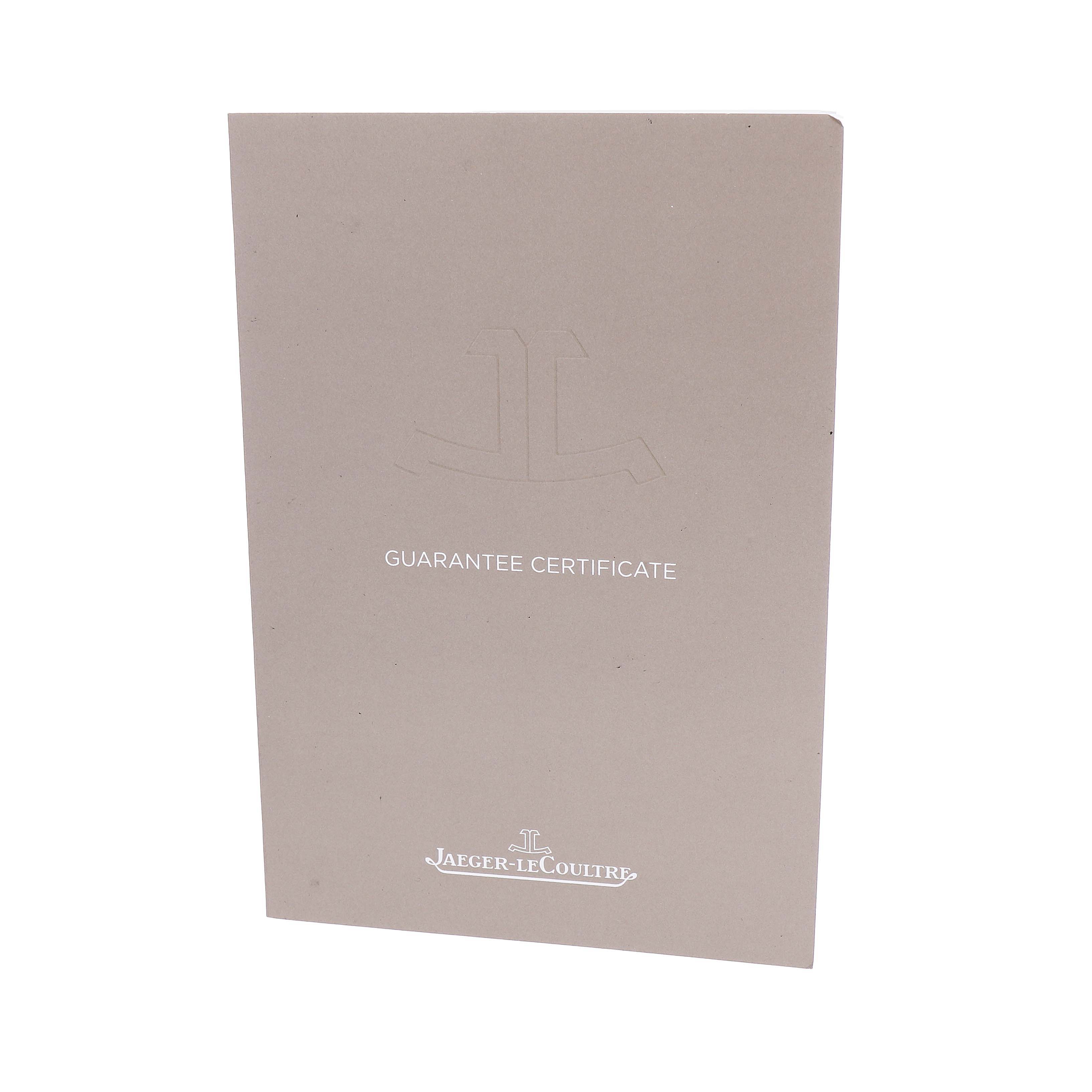 The image shows a Jaeger LeCoultre Reverso Q2538420 Men's Stainless Steel Silver Dial guarantee certificate, angled slightly from the front.
