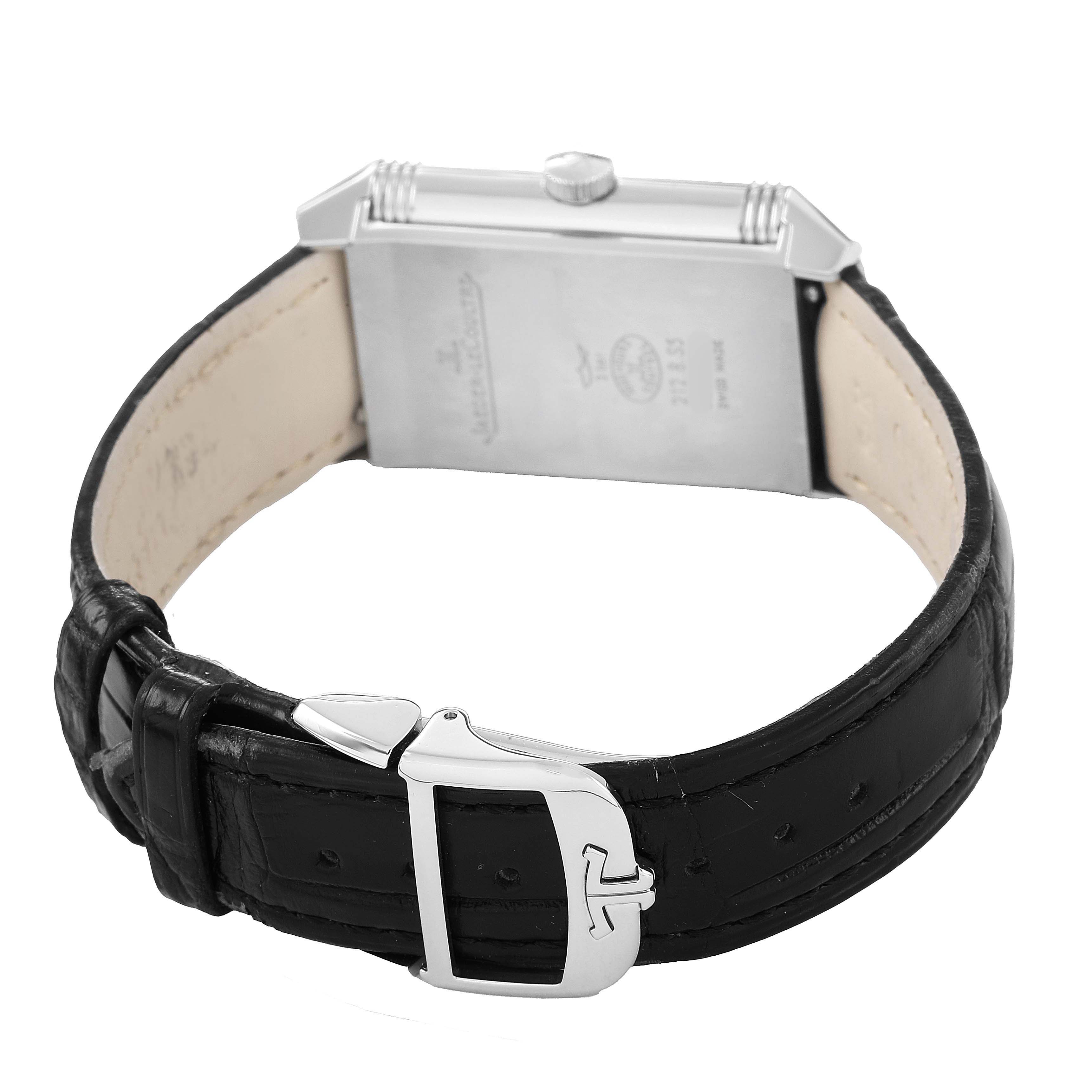 The image shows the back and side of a Jaeger LeCoultre Reverso Q2538420 Men's Stainless Steel Silver Dial, highlighting its case, crown, and black leather strap with buckle.