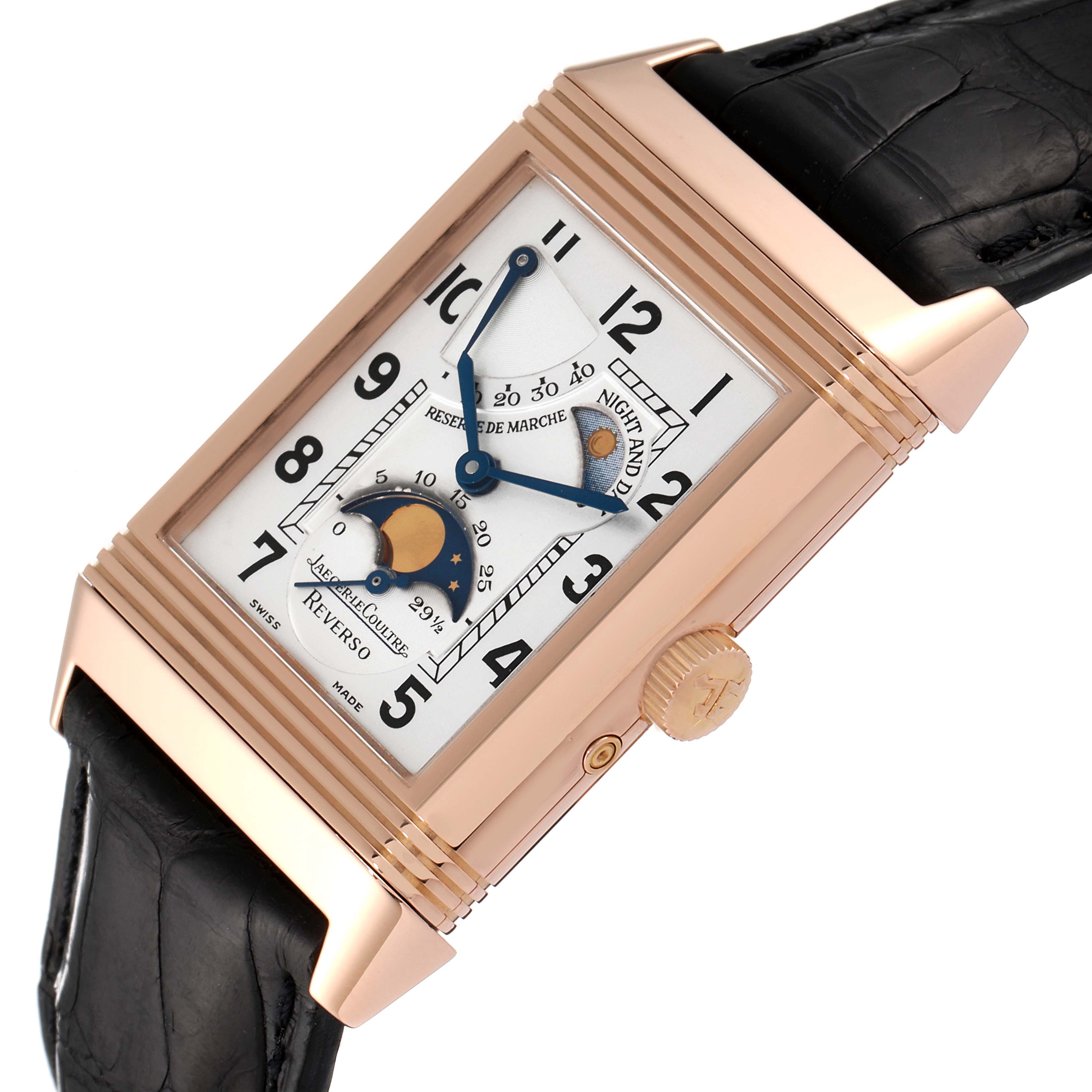 This image shows a Jaeger-LeCoultre Reverso watch at an oblique angle, highlighting the face, case, and crown.
