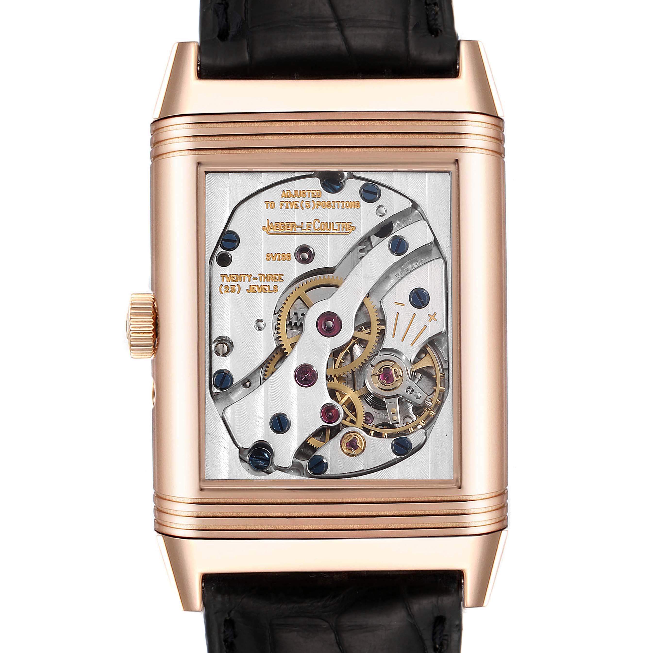 This image shows the back view of the Jaeger-LeCoultre Reverso watch, revealing its intricate mechanical movement.