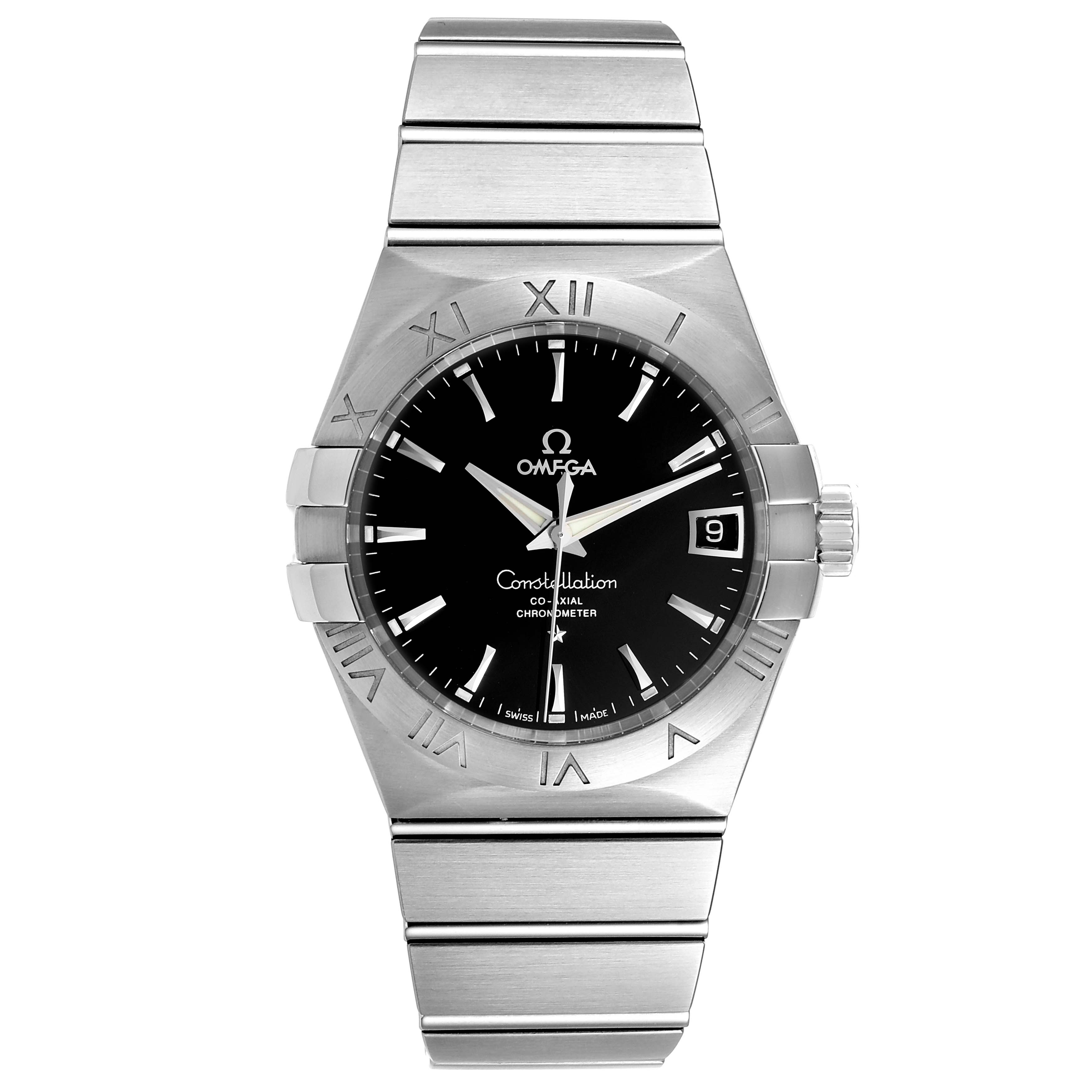 The image shows a front view of the Omega Constellation 123.10.38.21.01.001 Men
s Stainless Steel Black Dial 123.10.38.21.01.001 Men
s Stainless Steel Black Dial watch featuring its face, bezel, bracelet, and crown.
