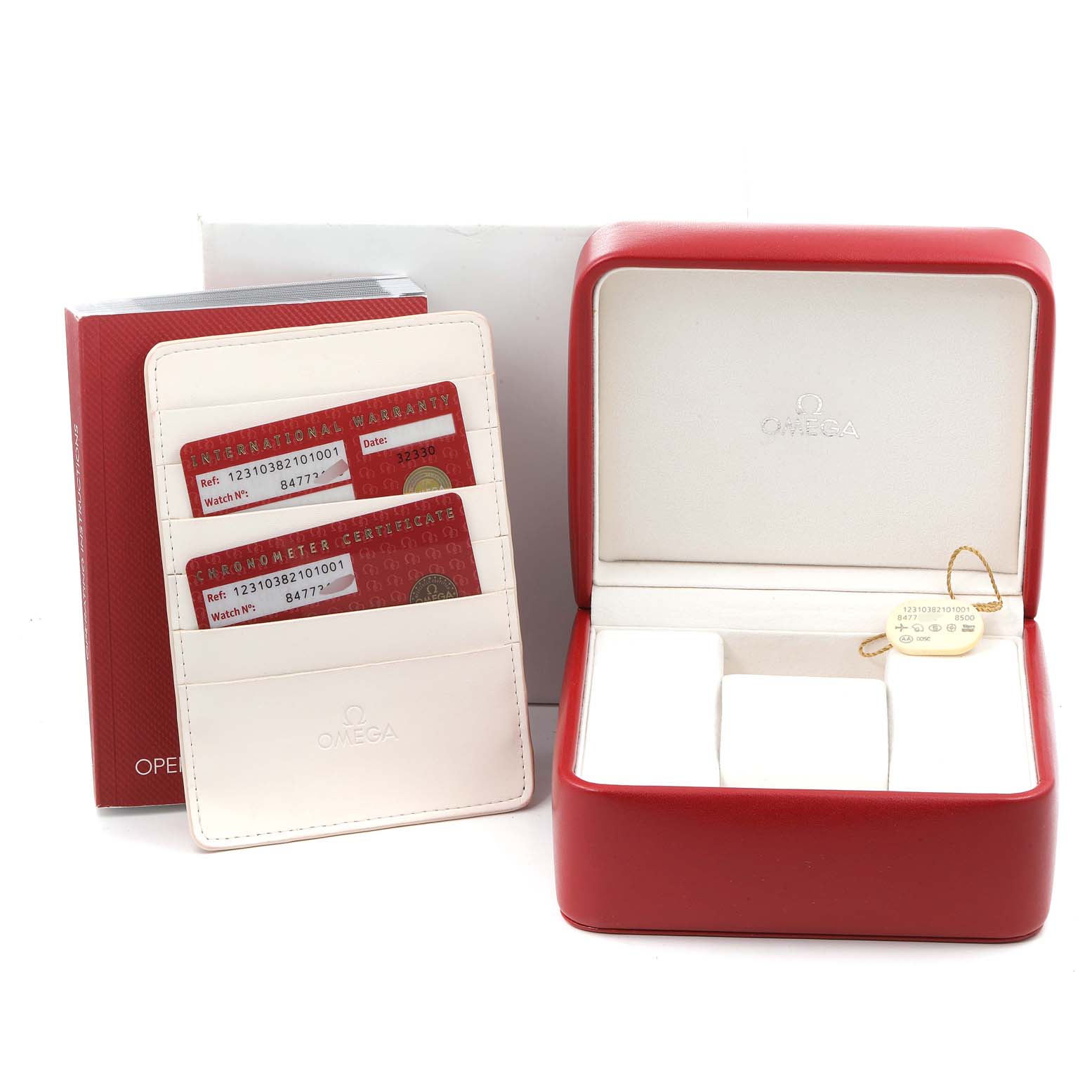 The image shows the packaging, warranty cards, and certificates for an Omega Constellation 123.10.38.21.01.001 Men
s Stainless Steel Black Dial 123.10.38.21.01.001 Men
s Stainless Steel Black Dial watch.