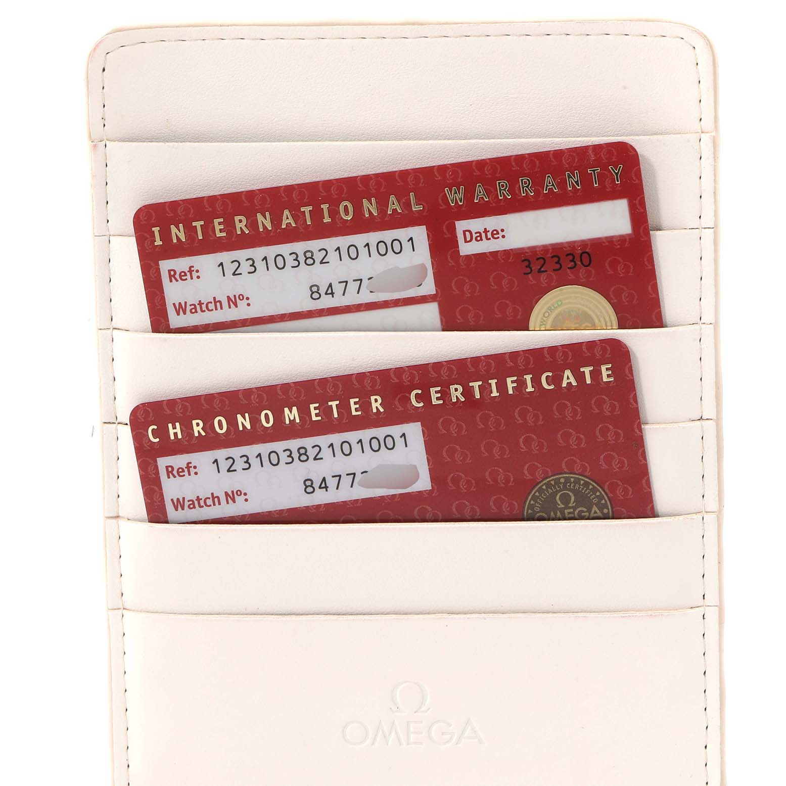 The image shows the international warranty and chronometer certificate cards for the Omega Constellation 123.10.38.21.01.001 Men
s Stainless Steel Black Dial 123.10.38.21.01.001 Men
s Stainless Steel Black Dial model in a card holder.