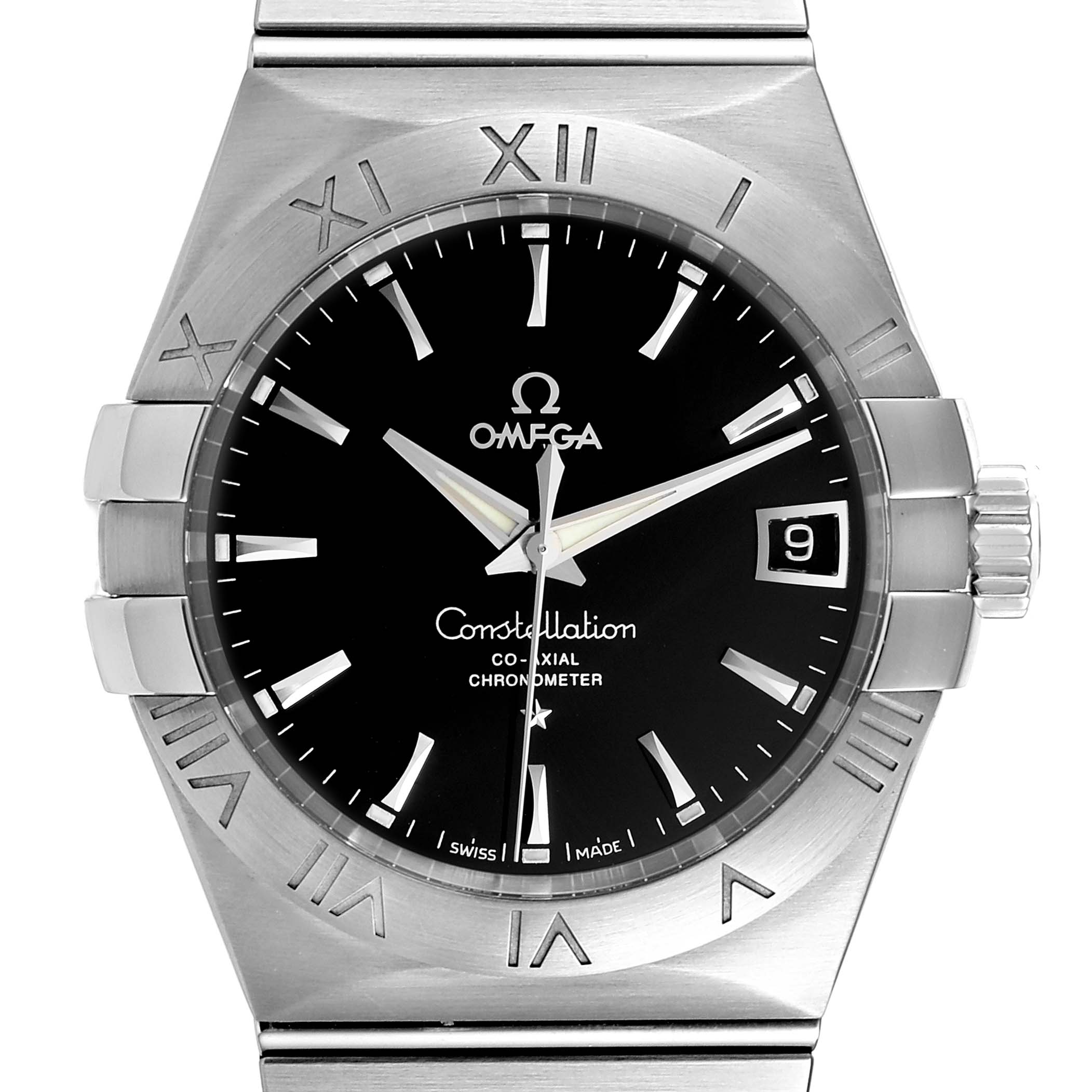 This image shows a front view of the Omega Constellation 123.10.38.21.01.001 Men
s Stainless Steel Black Dial 123.10.38.21.01.001 Men
s Stainless Steel Black Dial watch, highlighting the dial, bezel, hands, and date window.