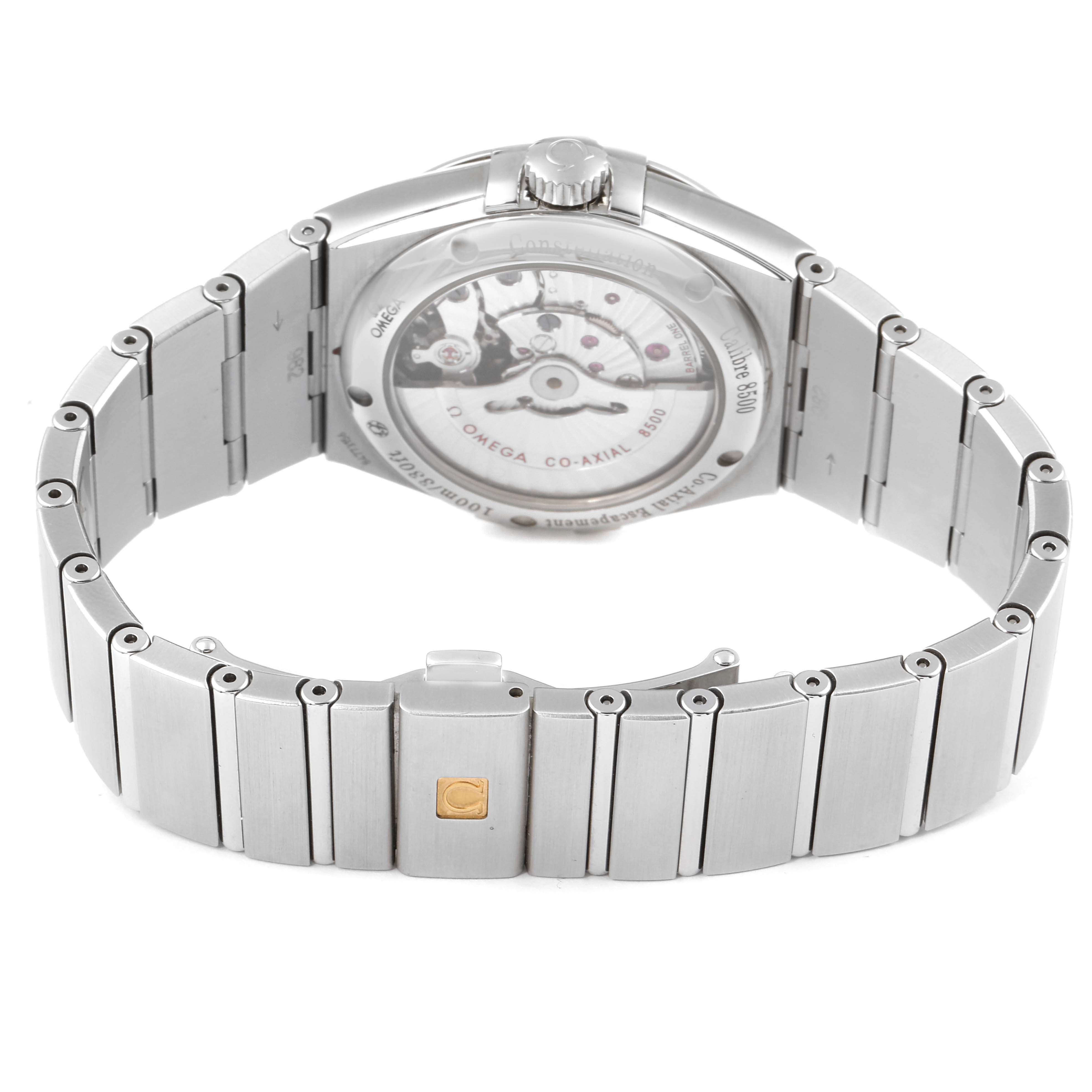 The Omega Constellation 123.10.38.21.01.001 Men
s Stainless Steel Black Dial 123.10.38.21.01.001 Men
s Stainless Steel Black Dial watch is shown from the back, displaying the movement through a transparent case back and the metal bracelet.