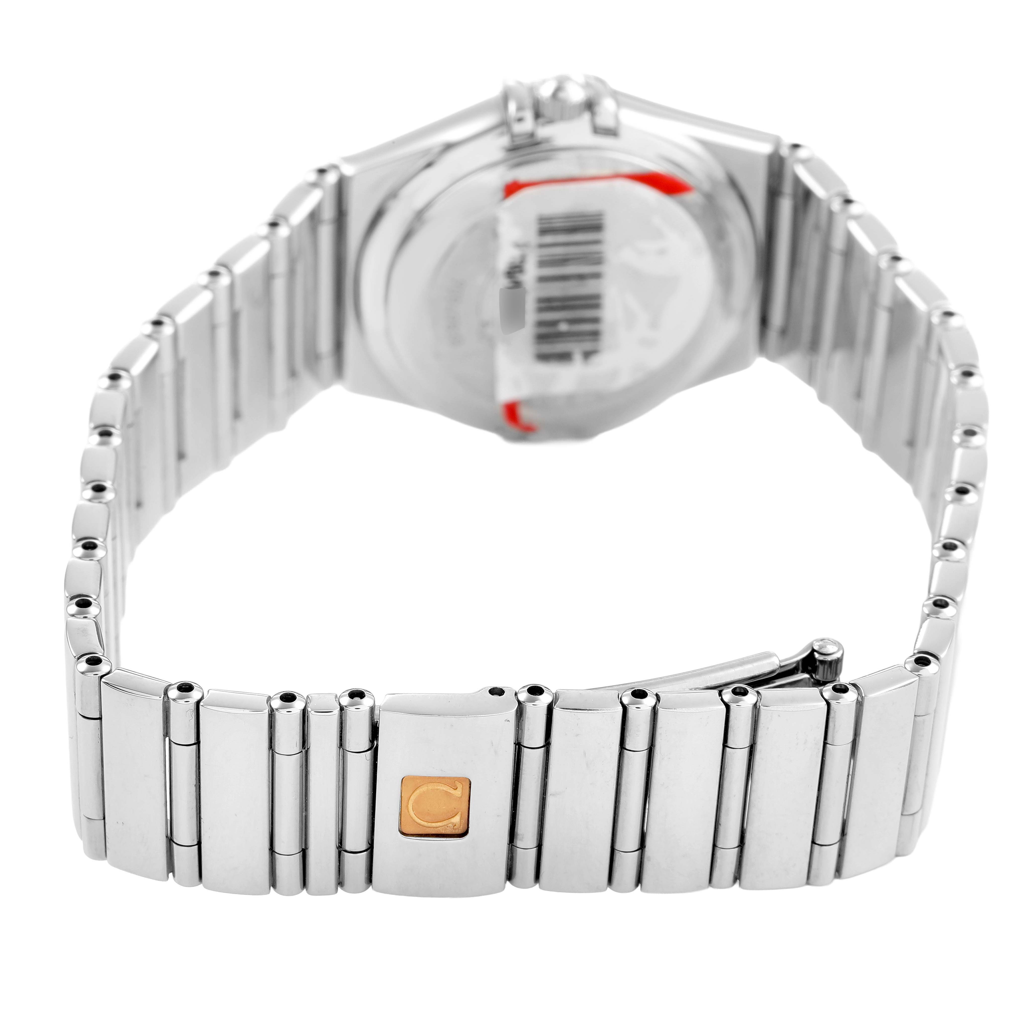 The image shows the back and bracelet of the Omega 1495.79.00 Women's Stainless Steel Mother of Pearl Dial Constellation Steel Multi Stone MOP Diamond 1495.79.00 watch.