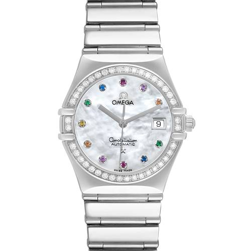 The Omega 1495.79.00 Women's Stainless Steel Mother of Pearl Dial Constellation Steel Multi Stone MOP Diamond 1495.79.00 is shown front-facing, displaying its bracelet, bezel, dial, and date feature.