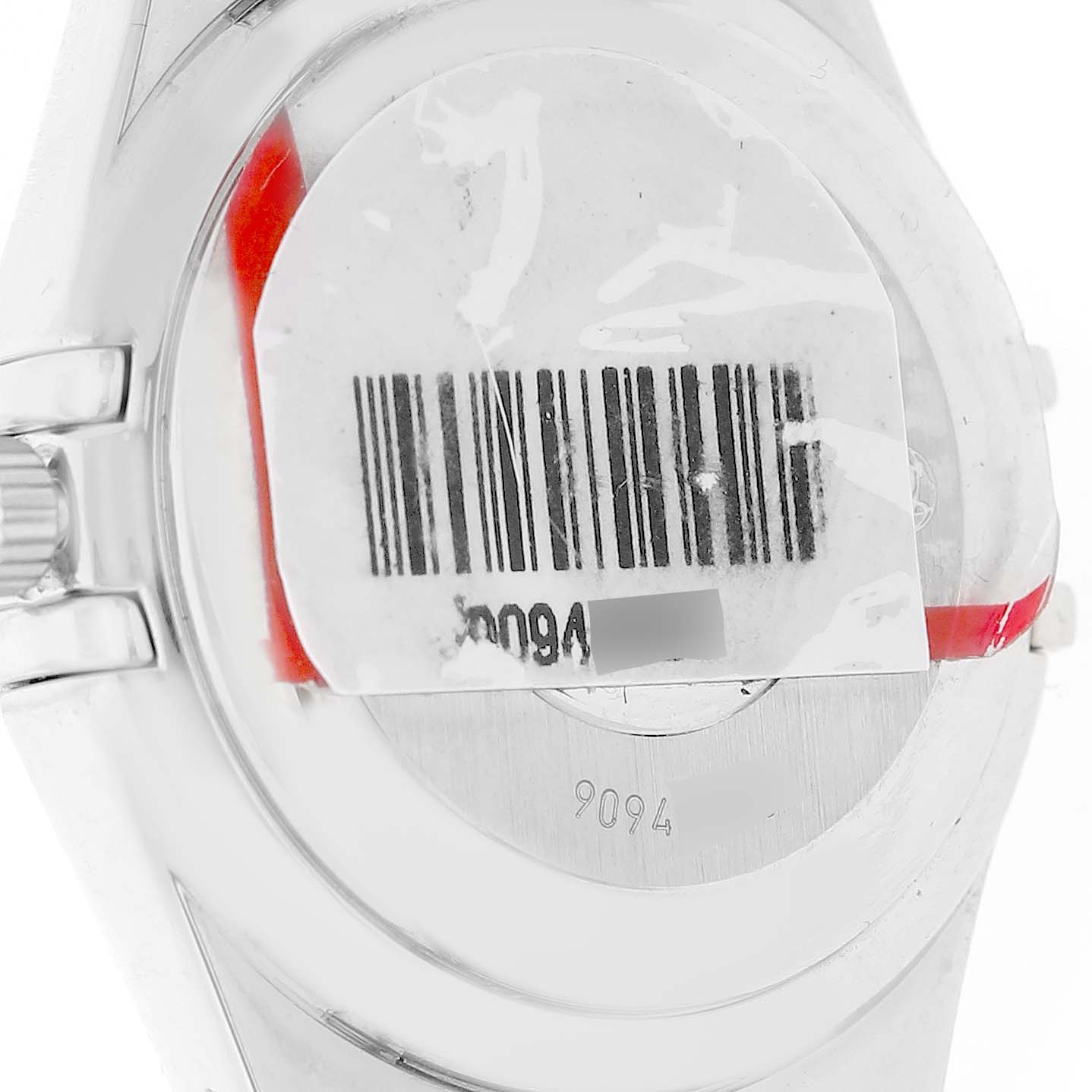 The image shows the back of the Omega 1495.79.00 Women's Stainless Steel Mother of Pearl Dial Constellation Steel Multi Stone MOP Diamond 1495.79.00 watch with a barcode sticker.