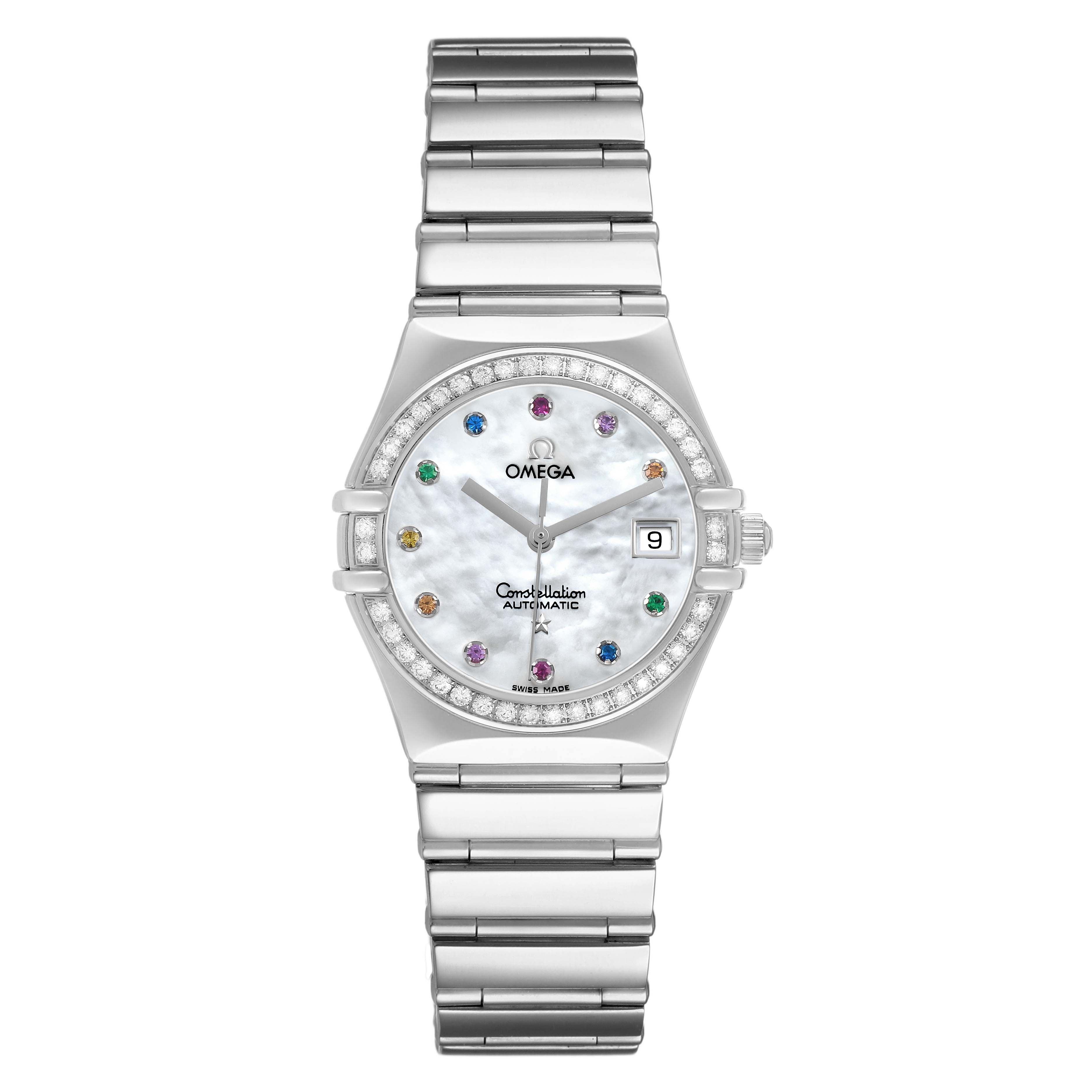 The Omega 1495.79.00 Women's Stainless Steel Mother of Pearl Dial Constellation Steel Multi Stone MOP Diamond 1495.79.00 is shown from a top-down angle, highlighting the face, dial, and bracelet.