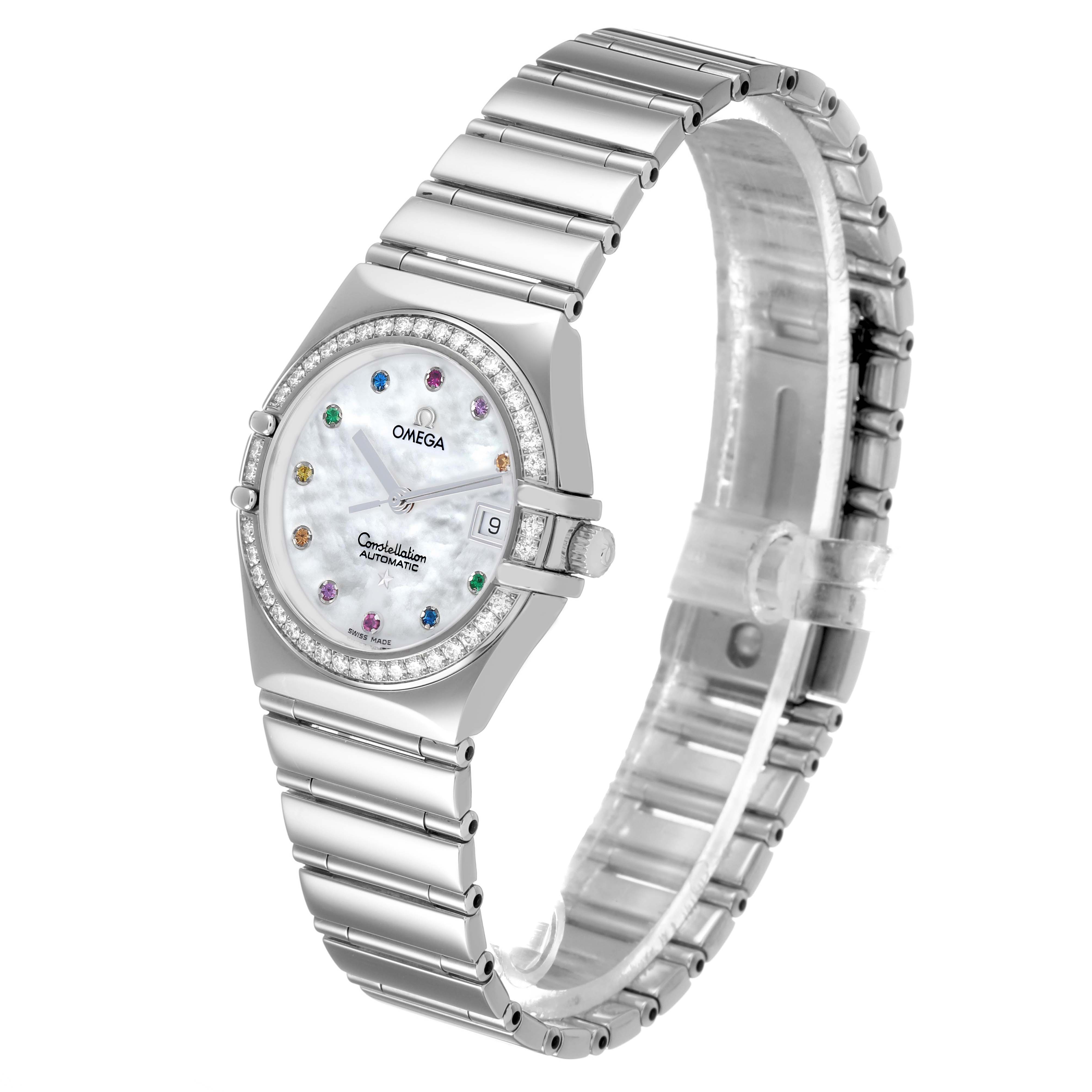 The Omega 1495.79.00 Women's Stainless Steel Mother of Pearl Dial Constellation Steel Multi Stone MOP Diamond 1495.79.00 watch is shown at a three-quarter angle, highlighting the dial and bracelet.