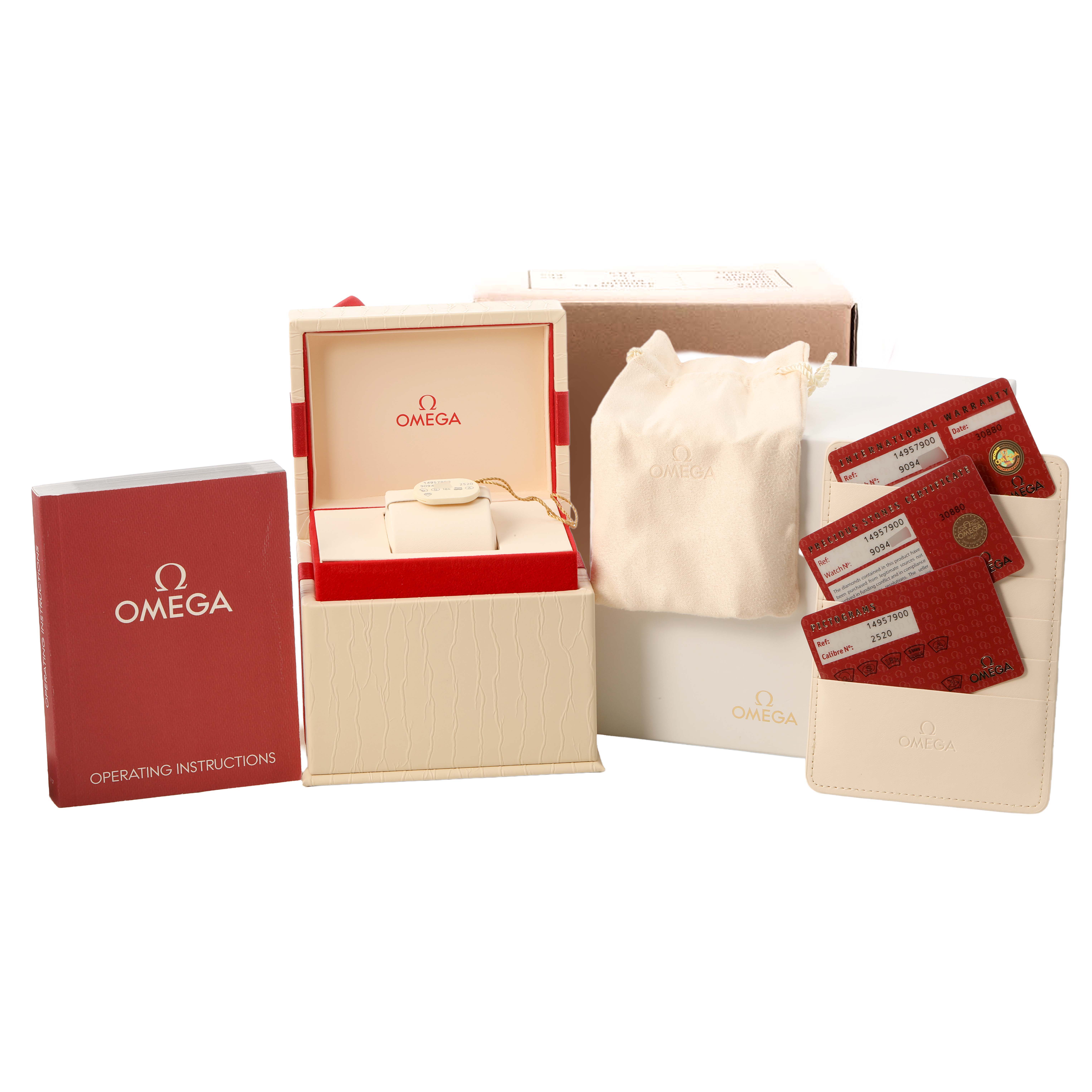 The image shows the Omega 1495.79.00 Women's Stainless Steel Mother of Pearl Dial Constellation Steel Multi Stone MOP Diamond 1495.79.00 with its box, cards, pouch, and instruction manual.
