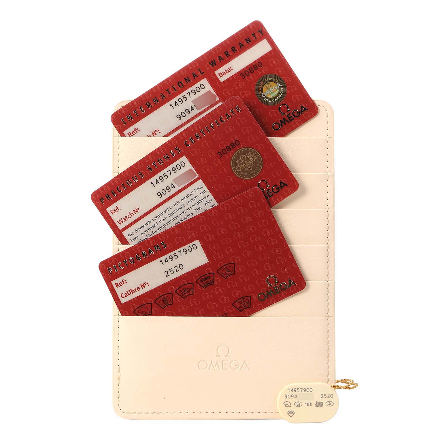 The image shows warranty and certificate cards for the Omega 1495.79.00 Women's Stainless Steel Mother of Pearl Dial Constellation Steel Multi Stone MOP Diamond 1495.79.00, alongside a pouch.