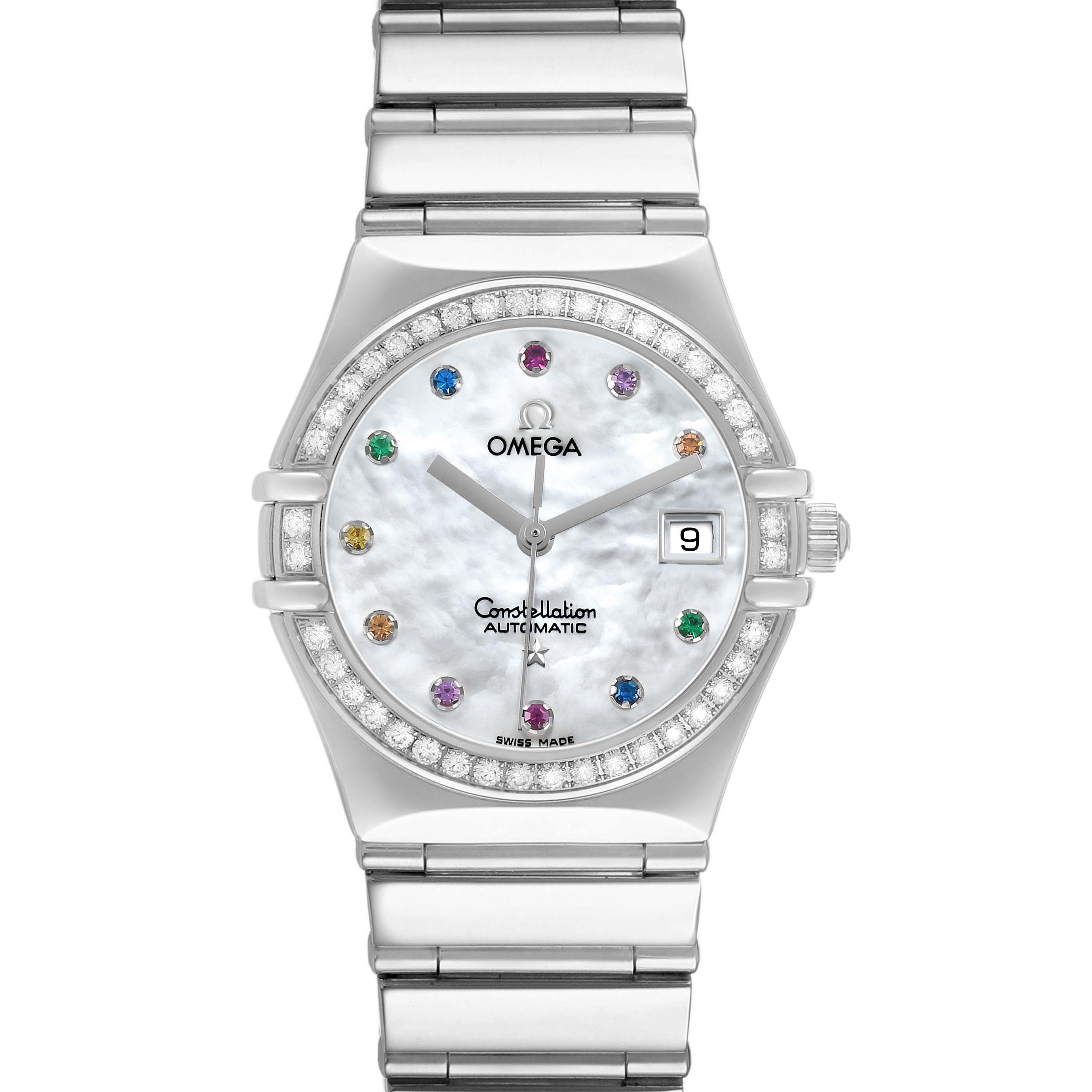 The Omega 1495.79.00 Women's Stainless Steel Mother of Pearl Dial Constellation Steel Multi Stone MOP Diamond 1495.79.00 is shown from the front, highlighting its face and bracelet.