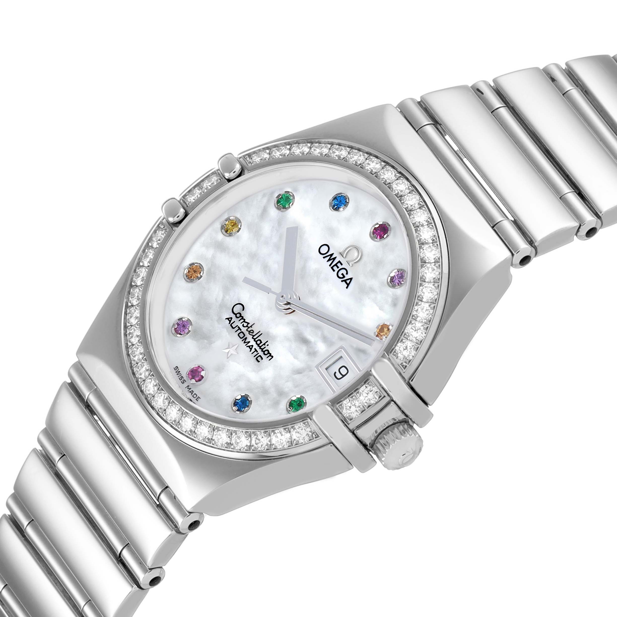 The image shows a top-side view of the Omega 1495.79.00 Women's Stainless Steel Mother of Pearl Dial Constellation Steel Multi Stone MOP Diamond 1495.79.00, highlighting its face and bracelet.