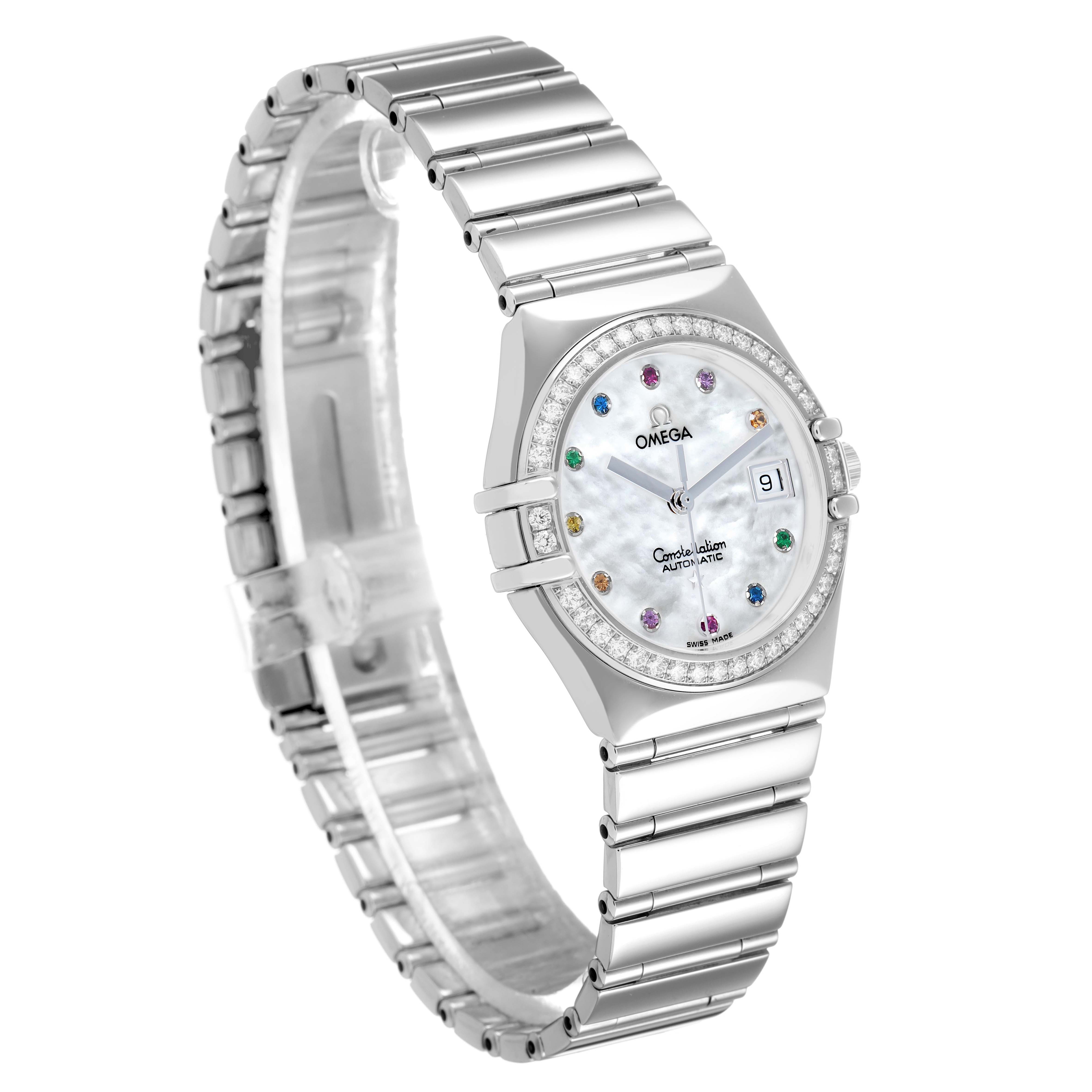 The Omega 1495.79.00 Women's Stainless Steel Mother of Pearl Dial Constellation Steel Multi Stone MOP Diamond 1495.79.00 is shown at a three-quarter angle highlighting the bracelet and face.