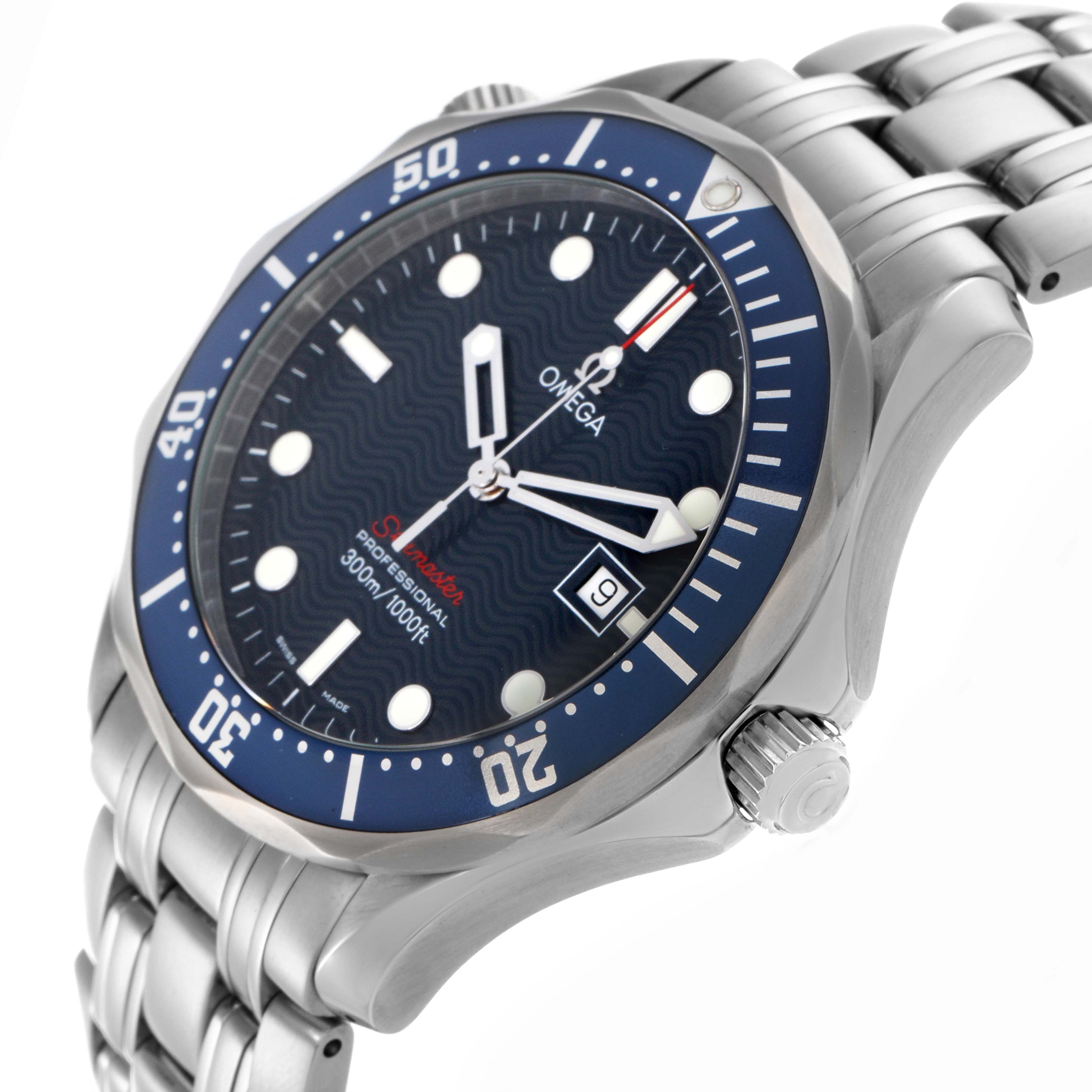 The Omega Seamaster 2221.80.00 Men
s Stainless Steel Blue Dial 2221.80.00 Men
s Stainless Steel Blue Dial watch is shown at a slight angle, displaying its face, bezel, crown, and bracelet.