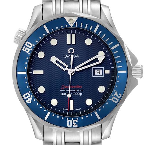 The Omega Seamaster watch is shown from a front angle, displaying its dial, bezel, crown, and part of the bracelet.