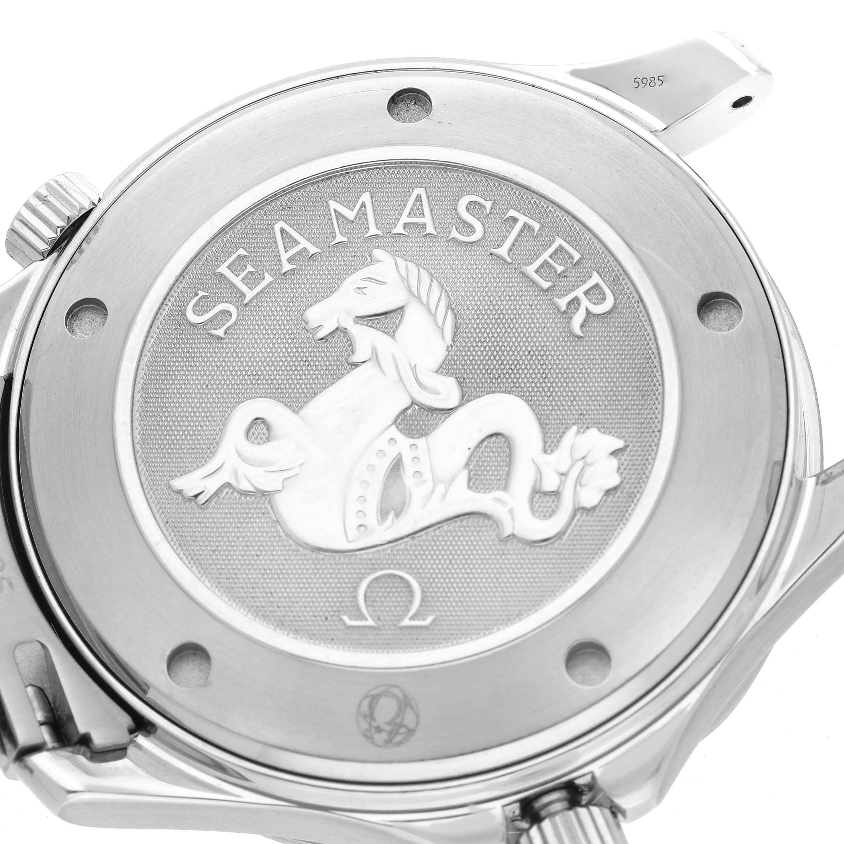 The image shows the back case of an Omega Seamaster 2221.80.00 Men
s Stainless Steel Blue Dial 2221.80.00 Men
s Stainless Steel Blue Dial watch featuring the iconic seahorse engraving.