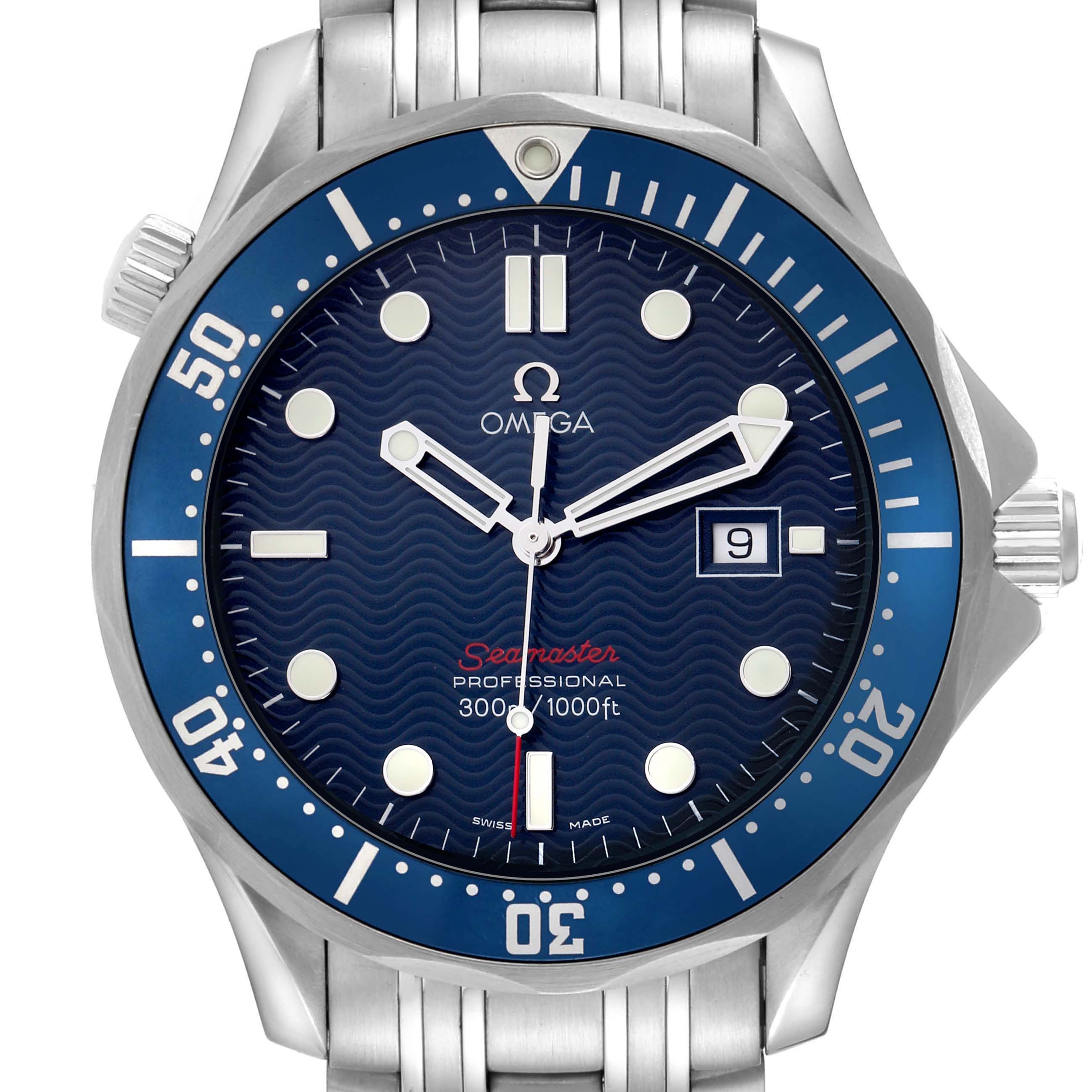 The Omega Seamaster 2221.80.00 Men
s Stainless Steel Blue Dial 2221.80.00 Men
s Stainless Steel Blue Dial watch is shown from a front angle, featuring the bezel, dial, hands, indices, and date window.