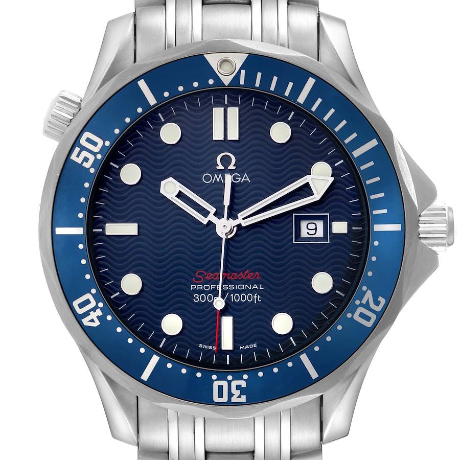 The Omega Seamaster watch is shown from a front angle, featuring the bezel, dial, hands, indices, and date window.