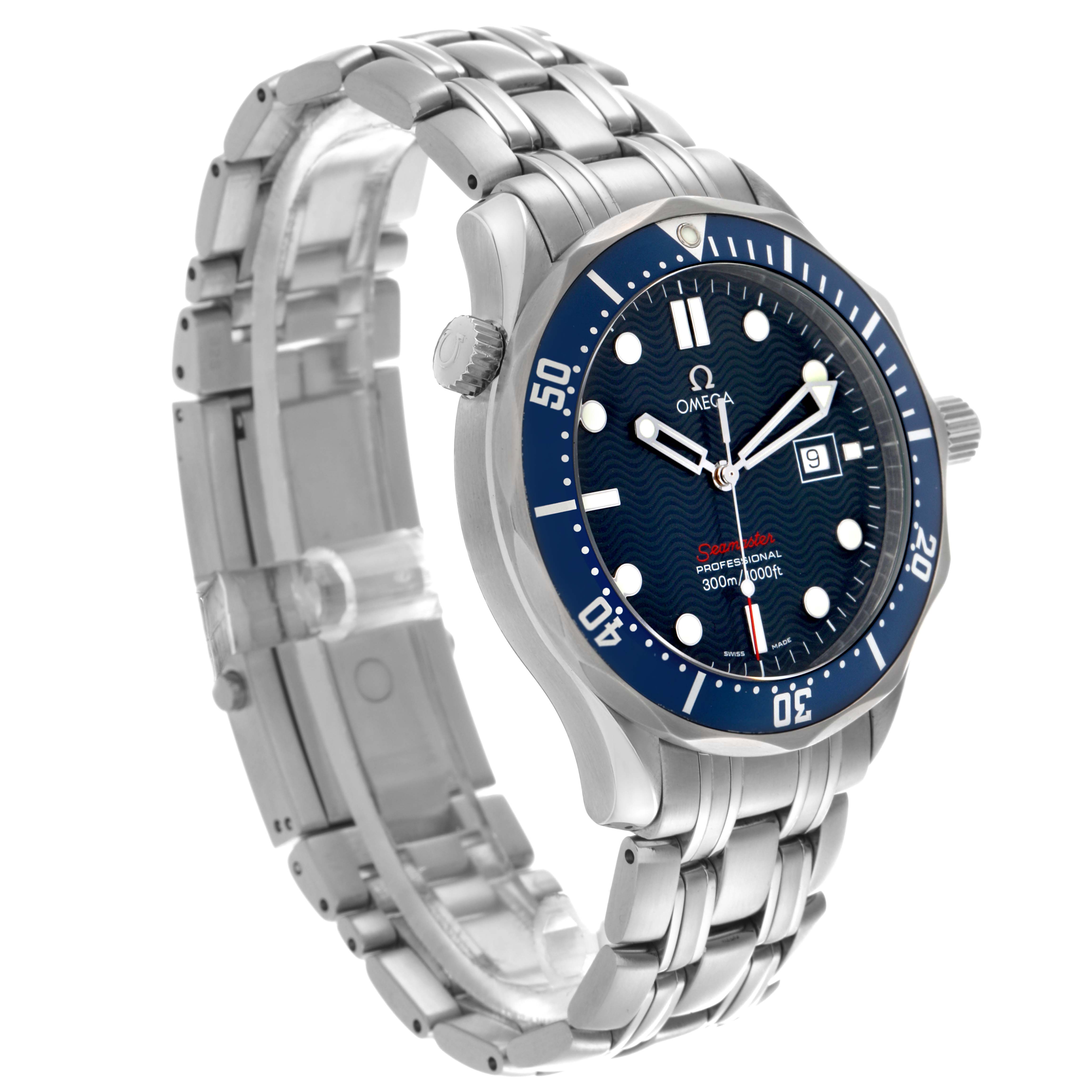 The Omega Seamaster 2221.80.00 Men
s Stainless Steel Blue Dial 2221.80.00 Men
s Stainless Steel Blue Dial is shown at a three-quarter angle highlighting the dial, bezel, and metal bracelet.