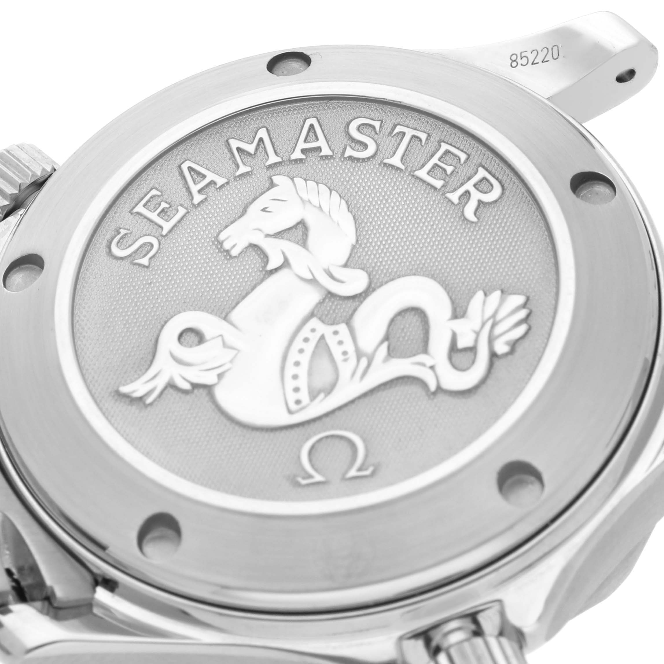 The image shows the case back of the Omega Seamaster 212.30.36.20.01.001 Men
s Stainless Steel Black Dial 212.30.36.20.01.001 Men
s Stainless Steel Black Dial watch, featuring the embossed Seamaster logo.