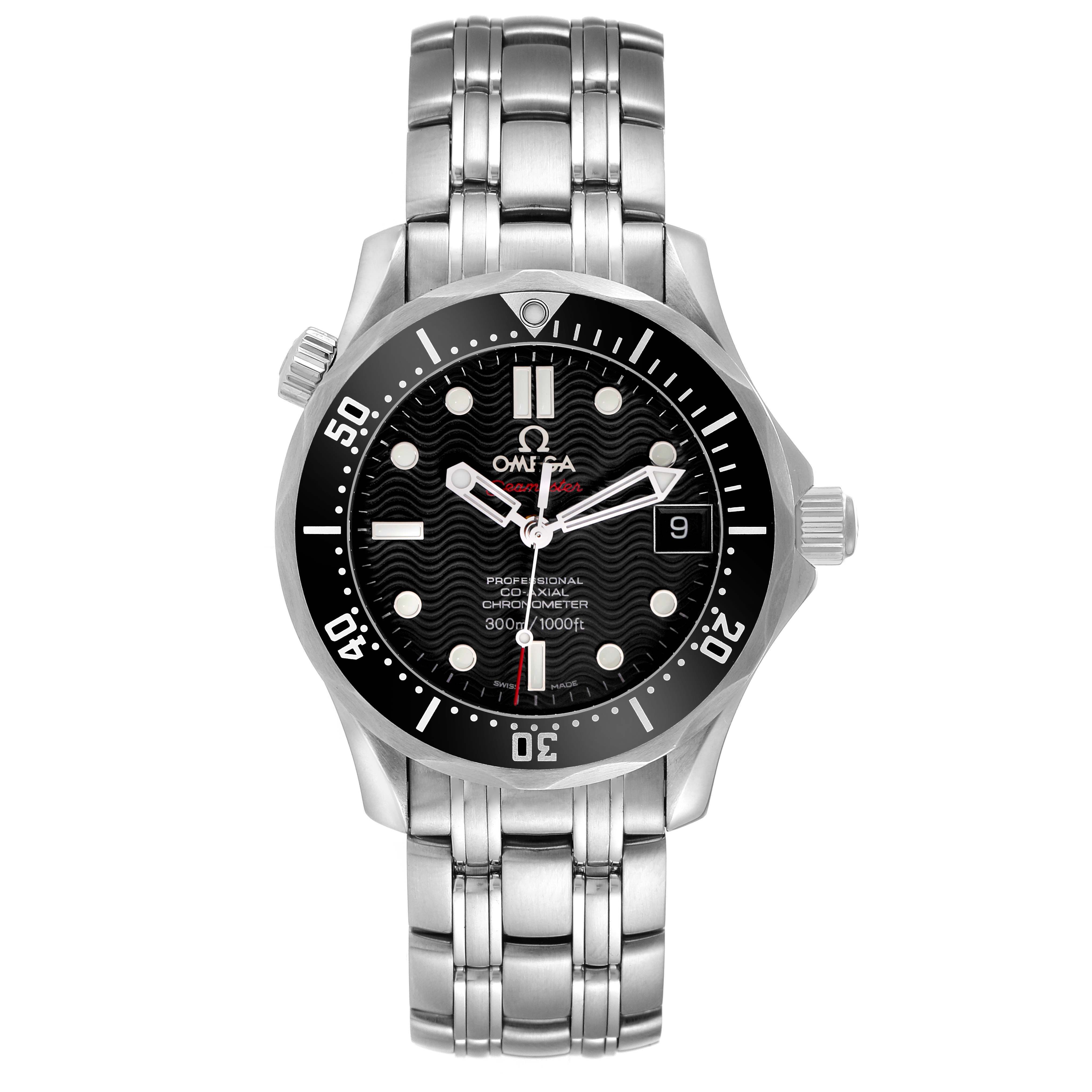 The Omega Seamaster 212.30.36.20.01.001 Men
s Stainless Steel Black Dial 212.30.36.20.01.001 Men
s Stainless Steel Black Dial watch is shown from a front angle, displaying the dial, bezel, and bracelet.