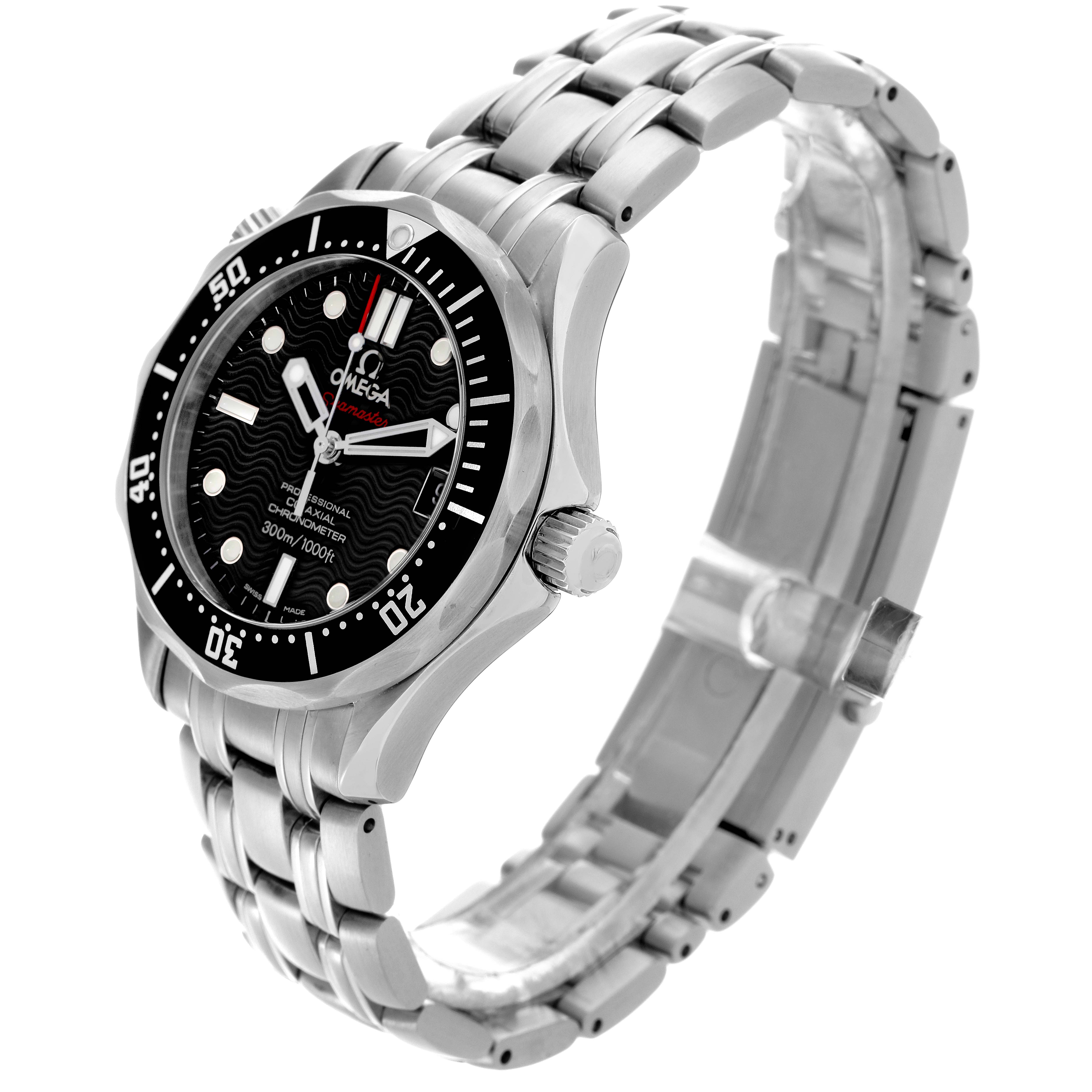 The Omega Seamaster 212.30.36.20.01.001 Men
s Stainless Steel Black Dial 212.30.36.20.01.001 Men
s Stainless Steel Black Dial watch is shown at a slight side angle, highlighting the dial, bezel, and metal bracelet.