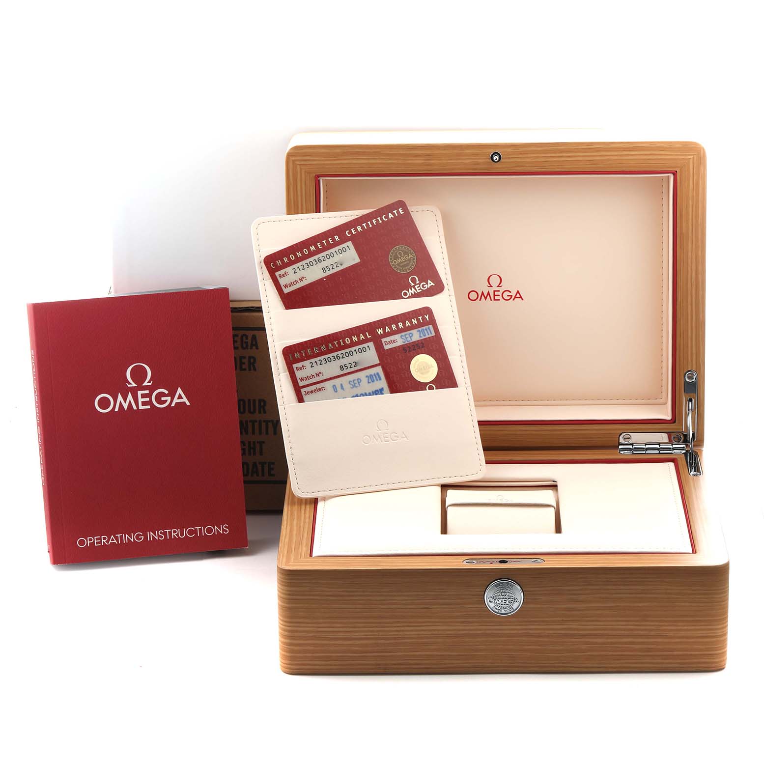 The image shows an Omega Seamaster 212.30.36.20.01.001 Men
s Stainless Steel Black Dial 212.30.36.20.01.001 Men
s Stainless Steel Black Dial watch box, instruction manual, and certification cards from a front angle.