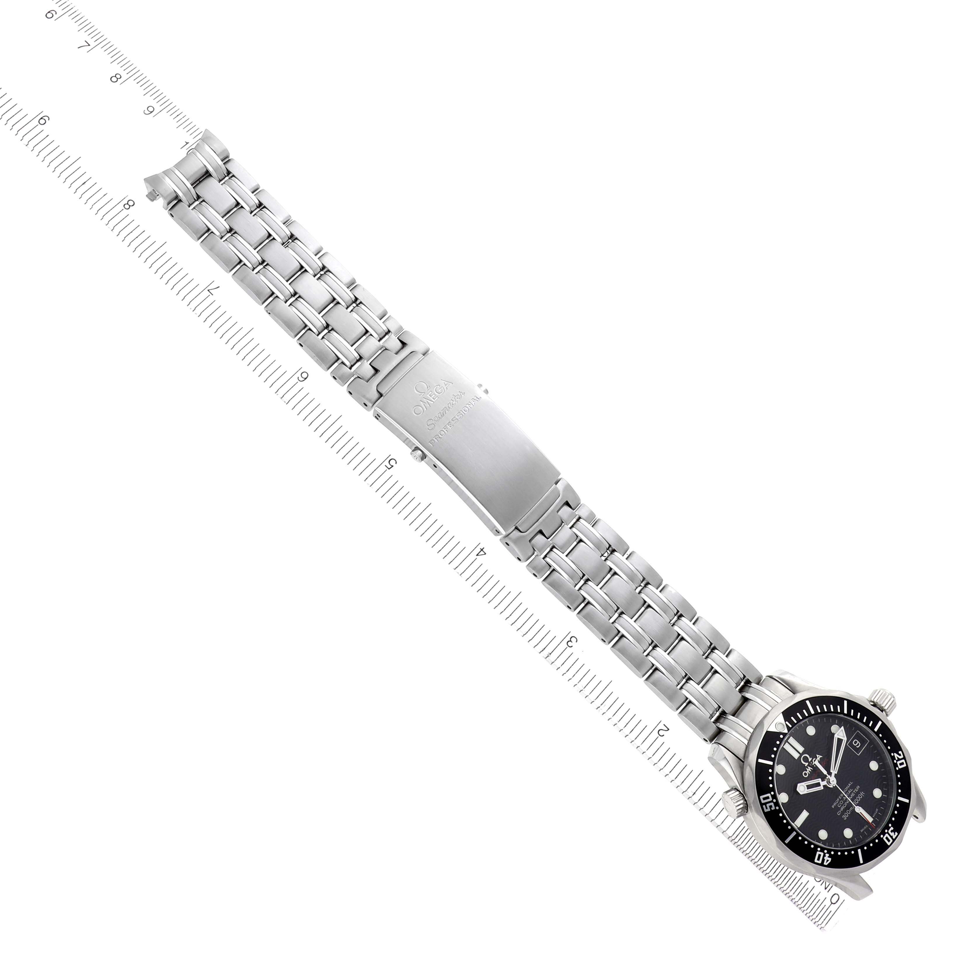 The Omega Seamaster 212.30.36.20.01.001 Men
s Stainless Steel Black Dial 212.30.36.20.01.001 Men
s Stainless Steel Black Dial watch is shown from a top-down angle, displaying the face, bracelet, and clasp clearly.